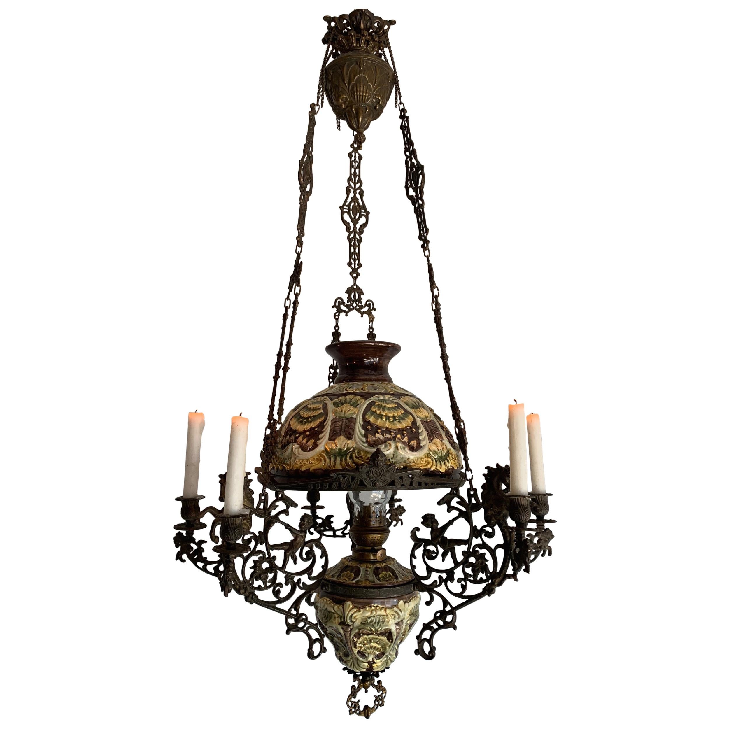Antique Bronze Oil Lamp with Six-Light Candle Chandelier & Rare Majolica Shade