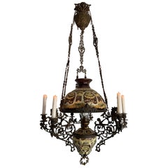 Antique Bronze Oil Lamp with Six-Light Candle Chandelier & Rare Majolica Shade