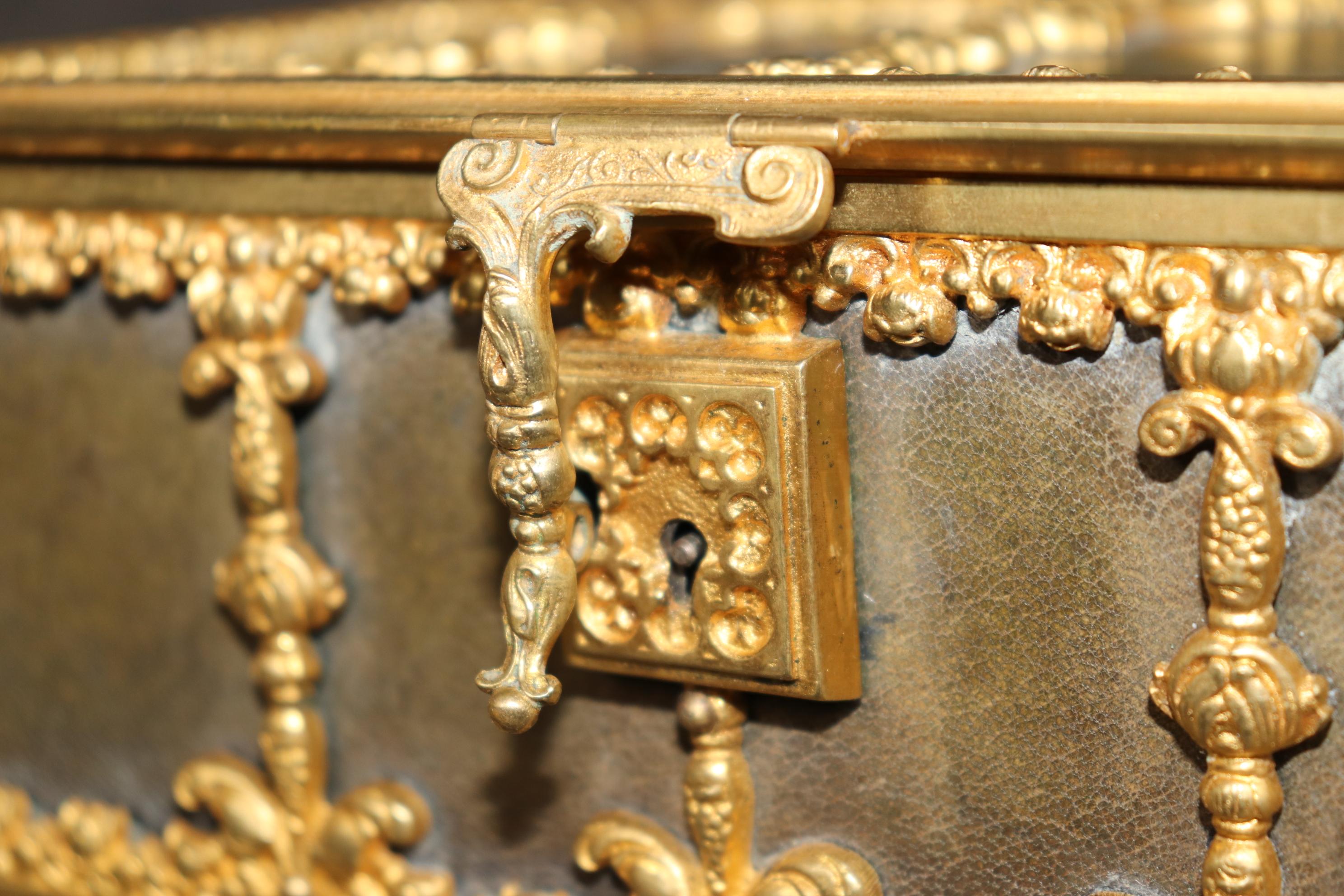 Antique Bronze Ormolu and Leather Jewelry Casket For Sale 1