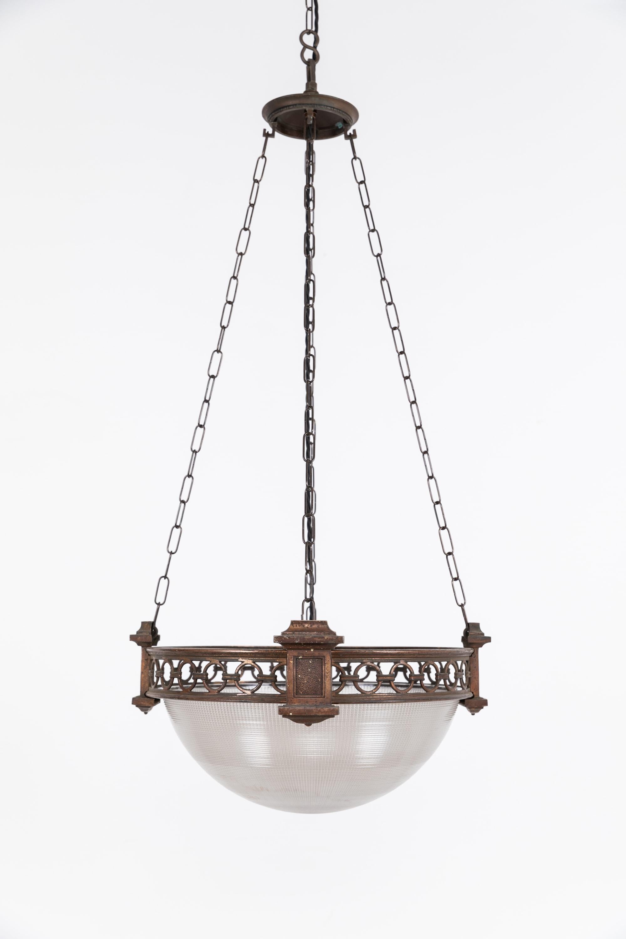 Antique Bronze Osler & Holophane Prismatic Glass Plafonnier Light, c.1920 In Good Condition For Sale In London, GB