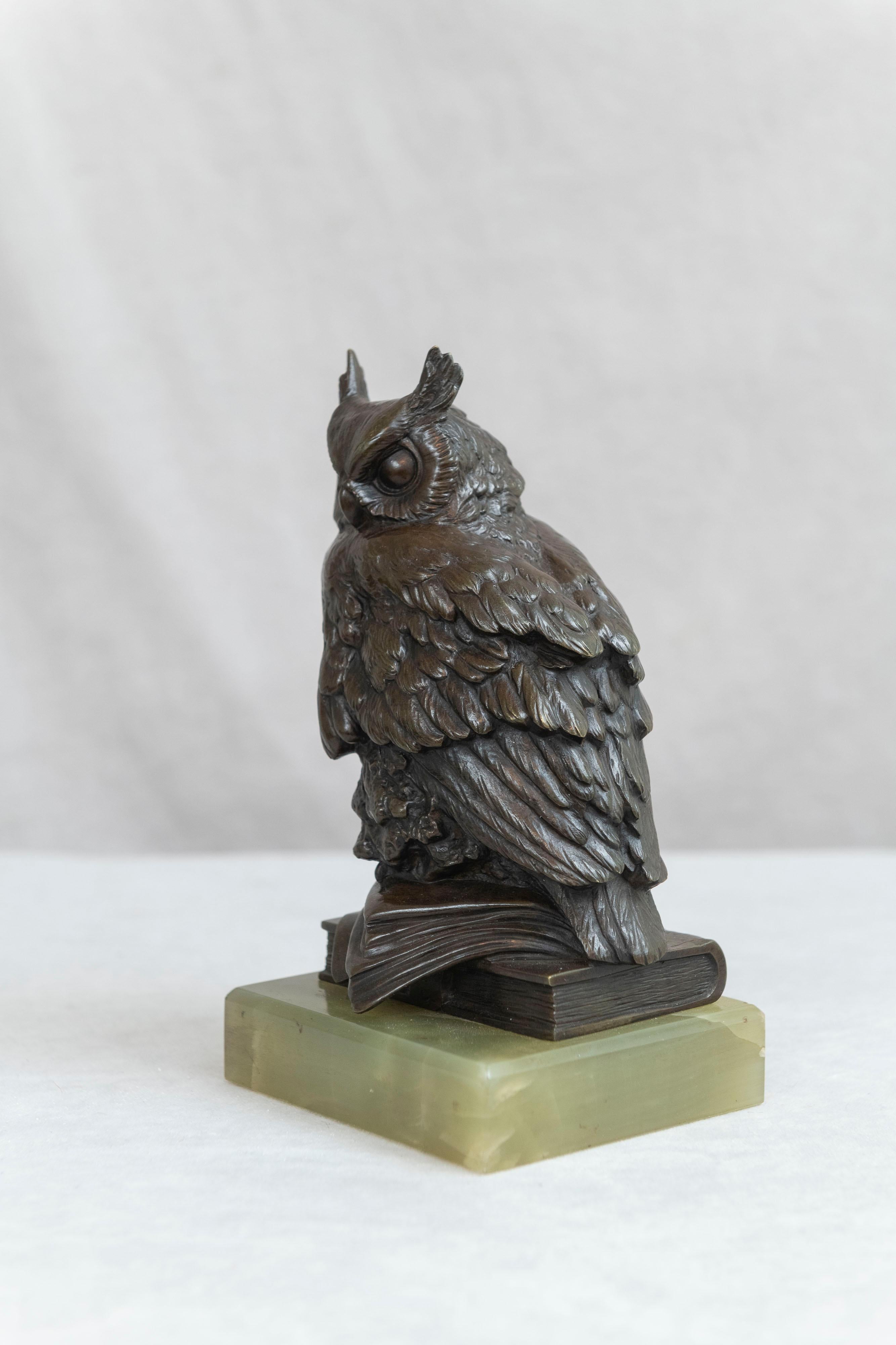 Other Antique Bronze Owl Mounted on Green Onyx Base, Austrian, circa 1910