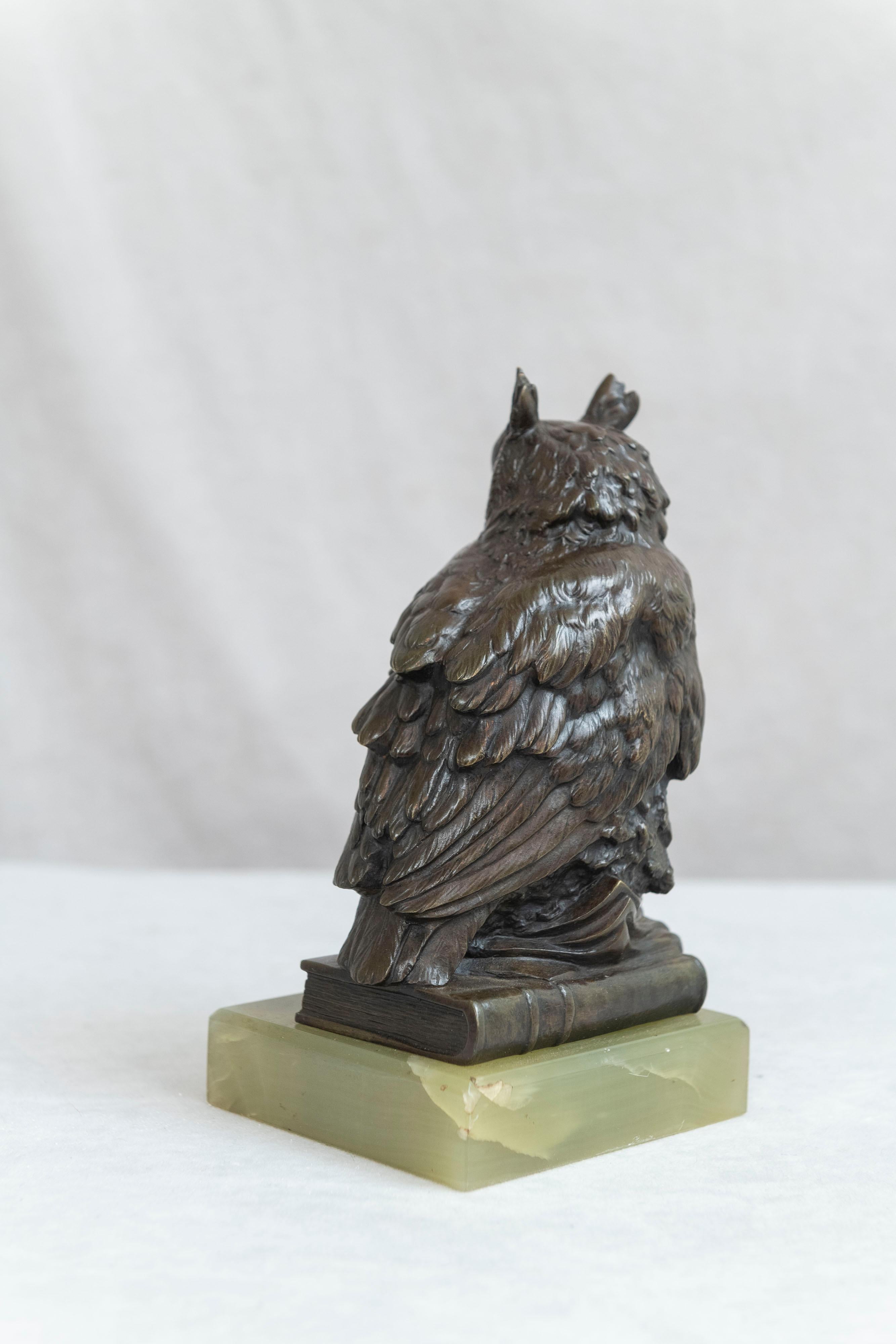 Hand-Crafted Antique Bronze Owl Mounted on Green Onyx Base, Austrian, circa 1910