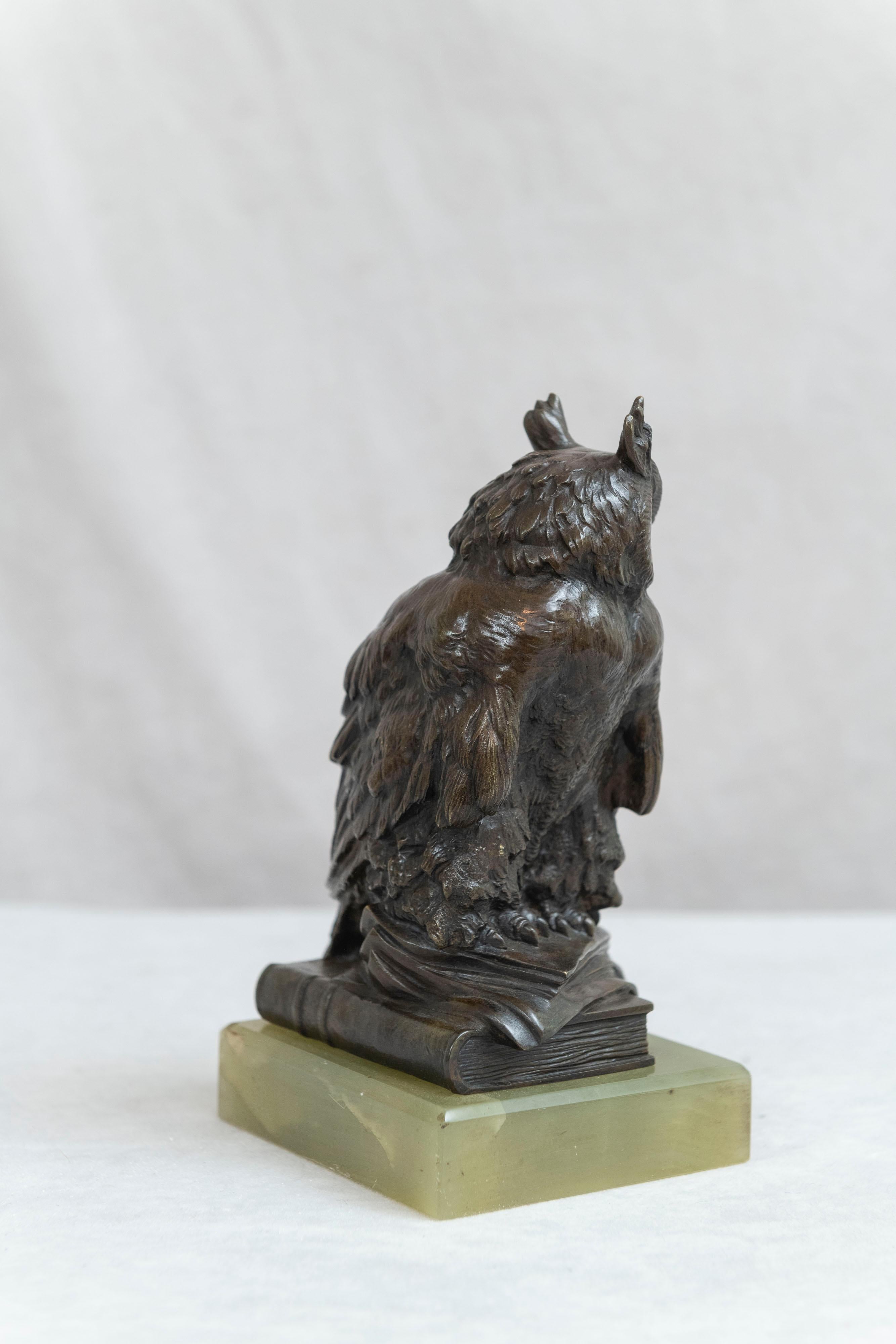 Antique Bronze Owl Mounted on Green Onyx Base, Austrian, circa 1910 In Excellent Condition In Petaluma, CA