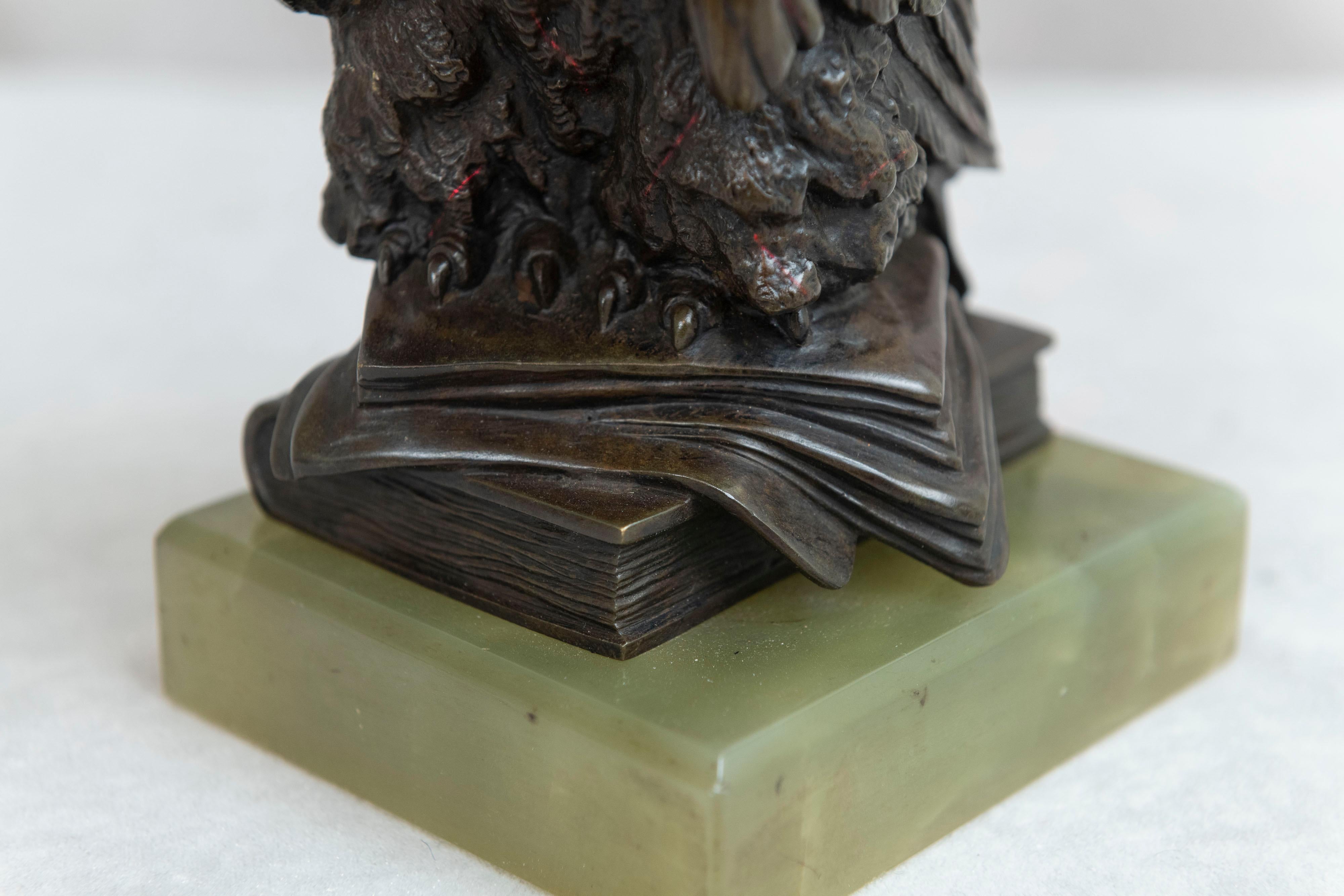 20th Century Antique Bronze Owl Mounted on Green Onyx Base, Austrian, circa 1910