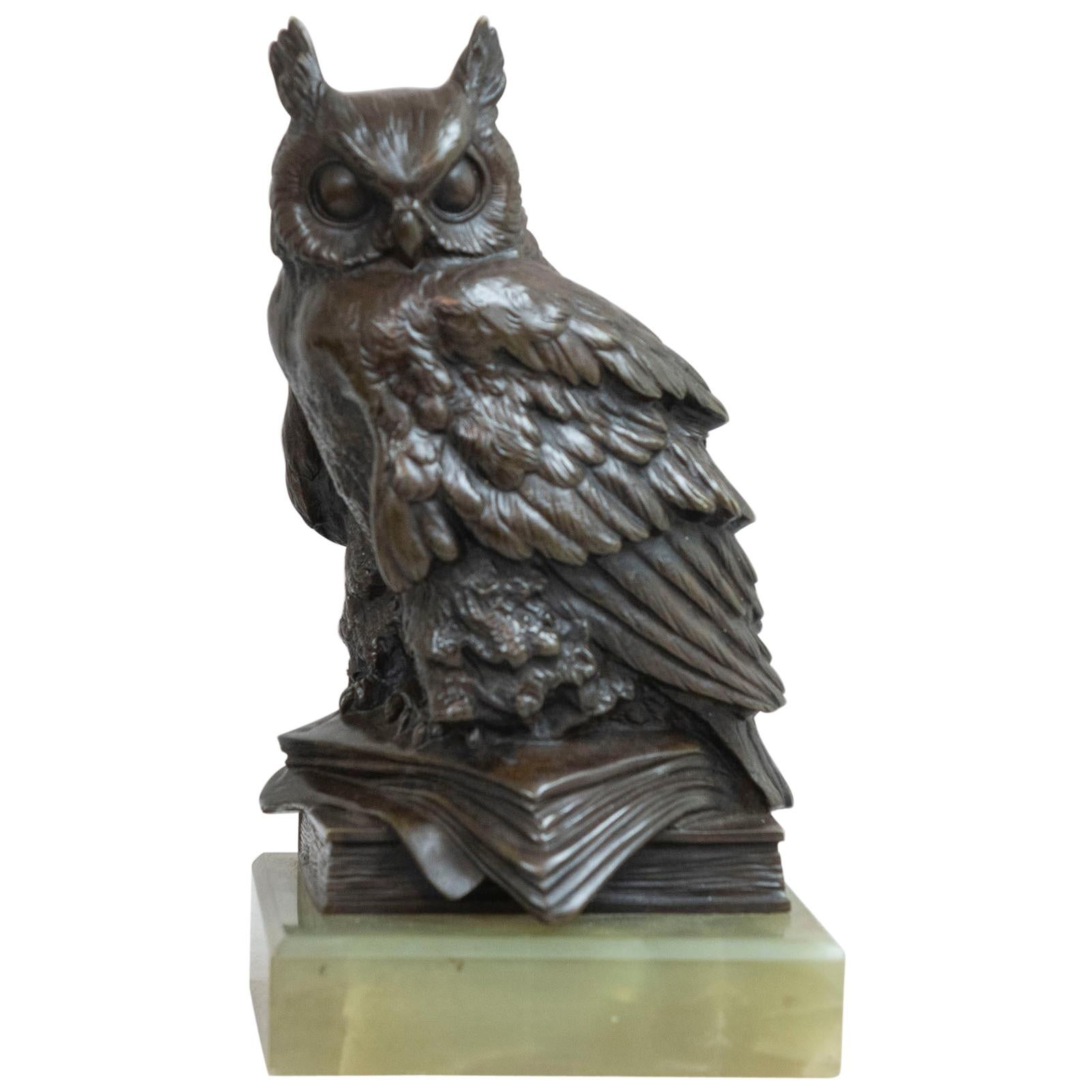 Antique Bronze Owl Mounted on Green Onyx Base, Austrian, circa 1910