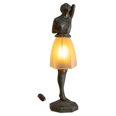 Antique Bronze Patina Metal Art Deco Lamp, Semi-Nude Girl w/Light up Glass Shade