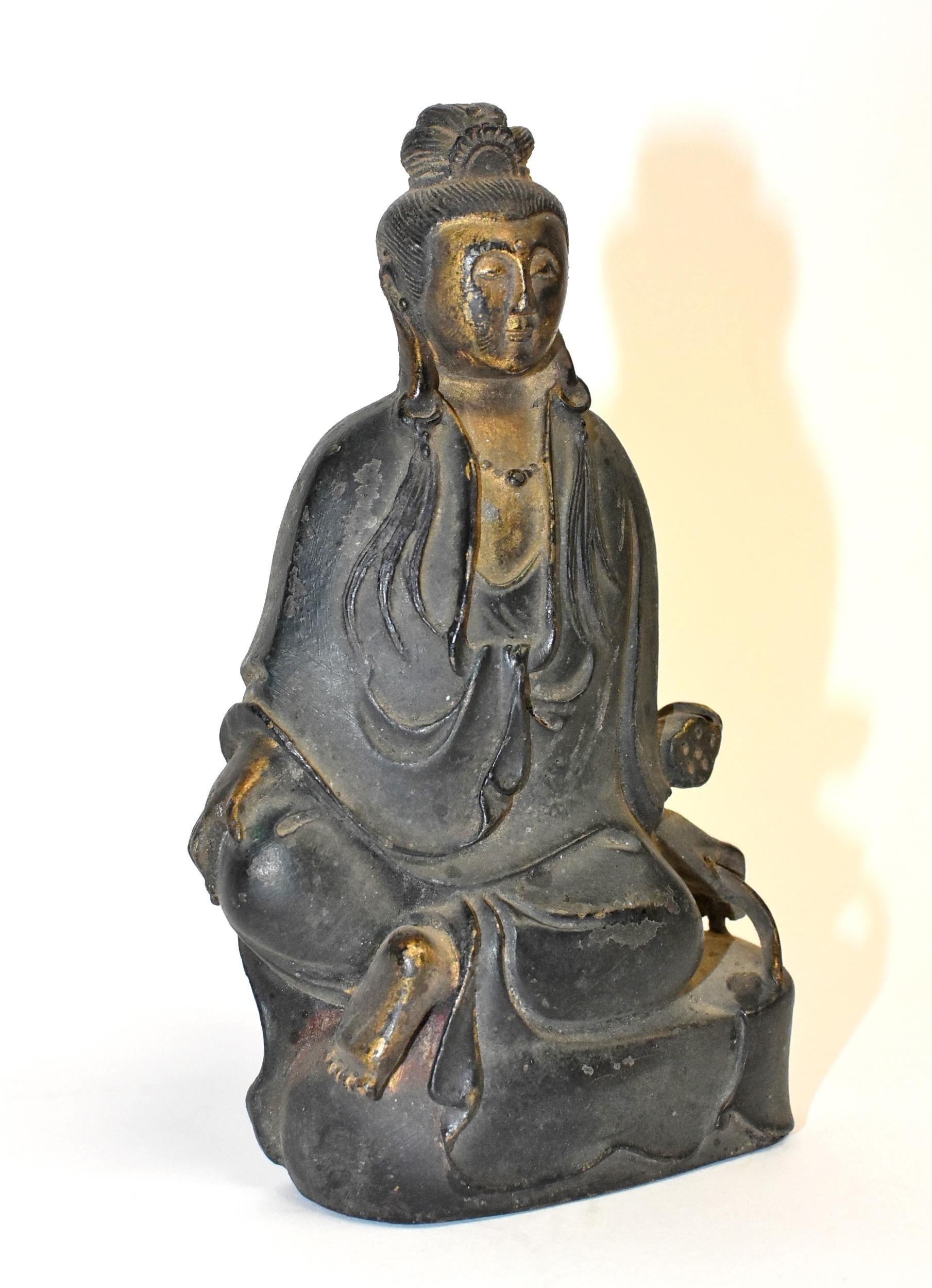 Antique Bronze Peace Guan Yin In Good Condition In Somis, CA