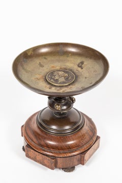 Antique Bronze Pedestal Dish with Medallion and Scarabs