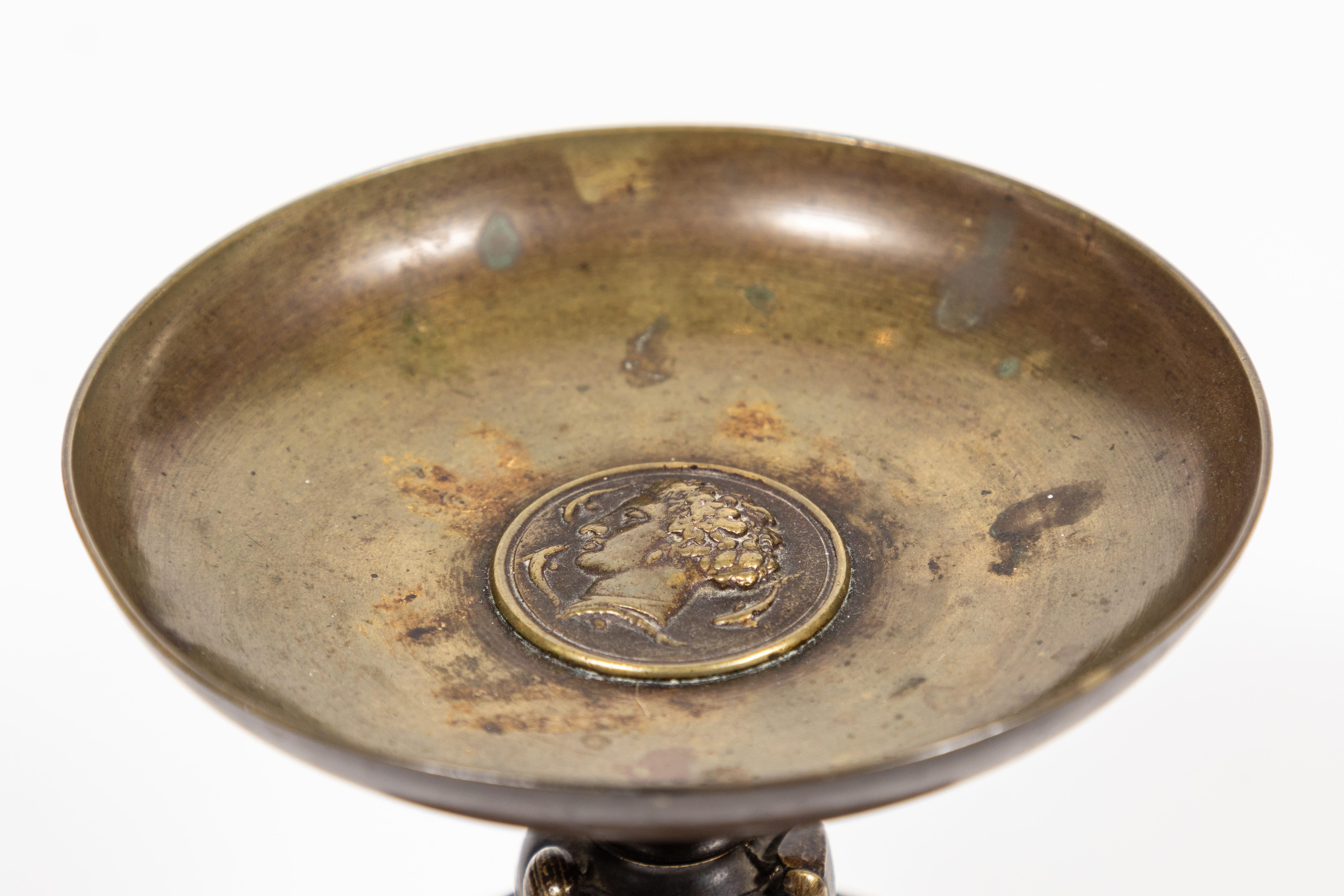 Antique Bronze Pedestal Dish with Medallion and Scarabs In Good Condition In Pasadena, CA