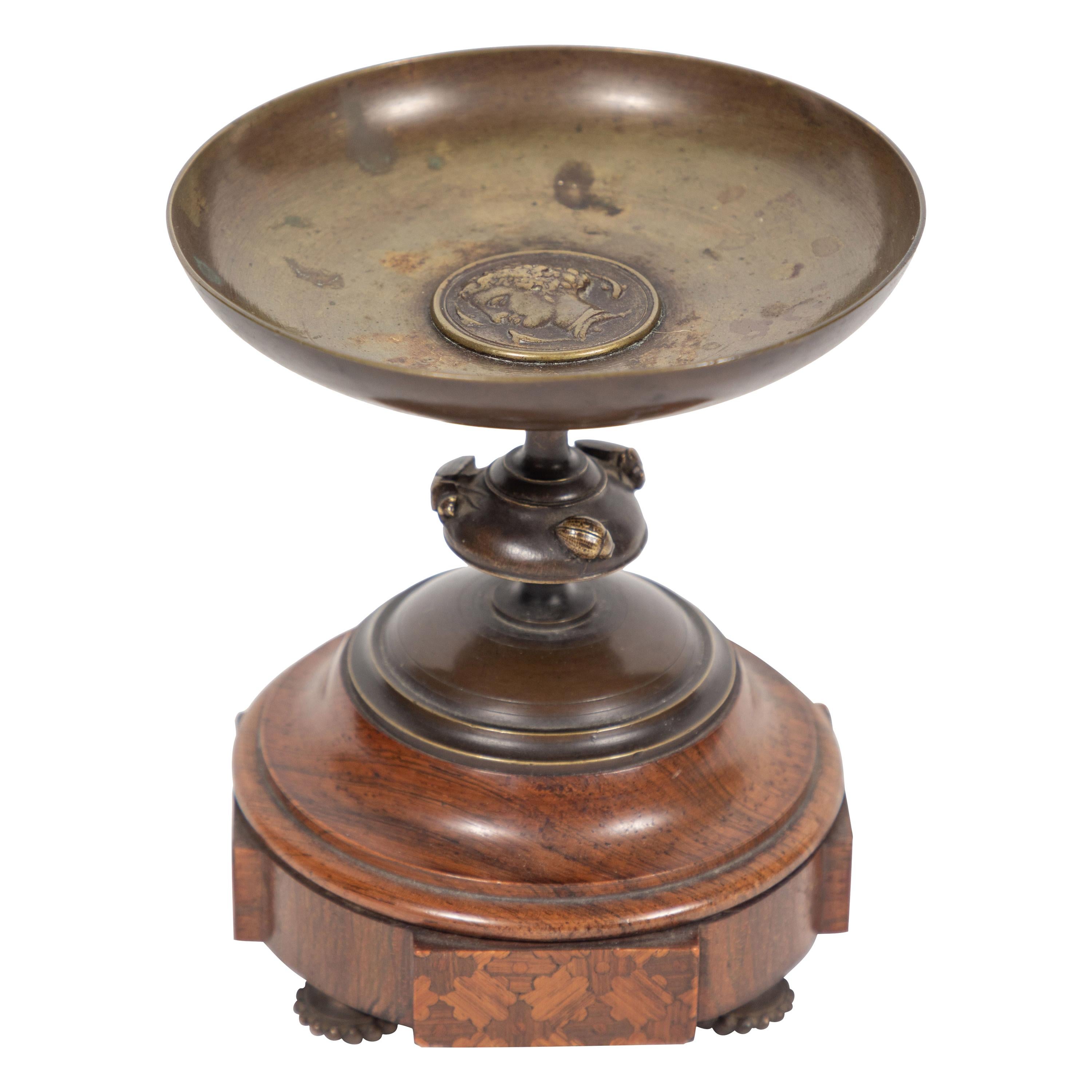 Antique Bronze Pedestal Dish with Medallion and Scarabs