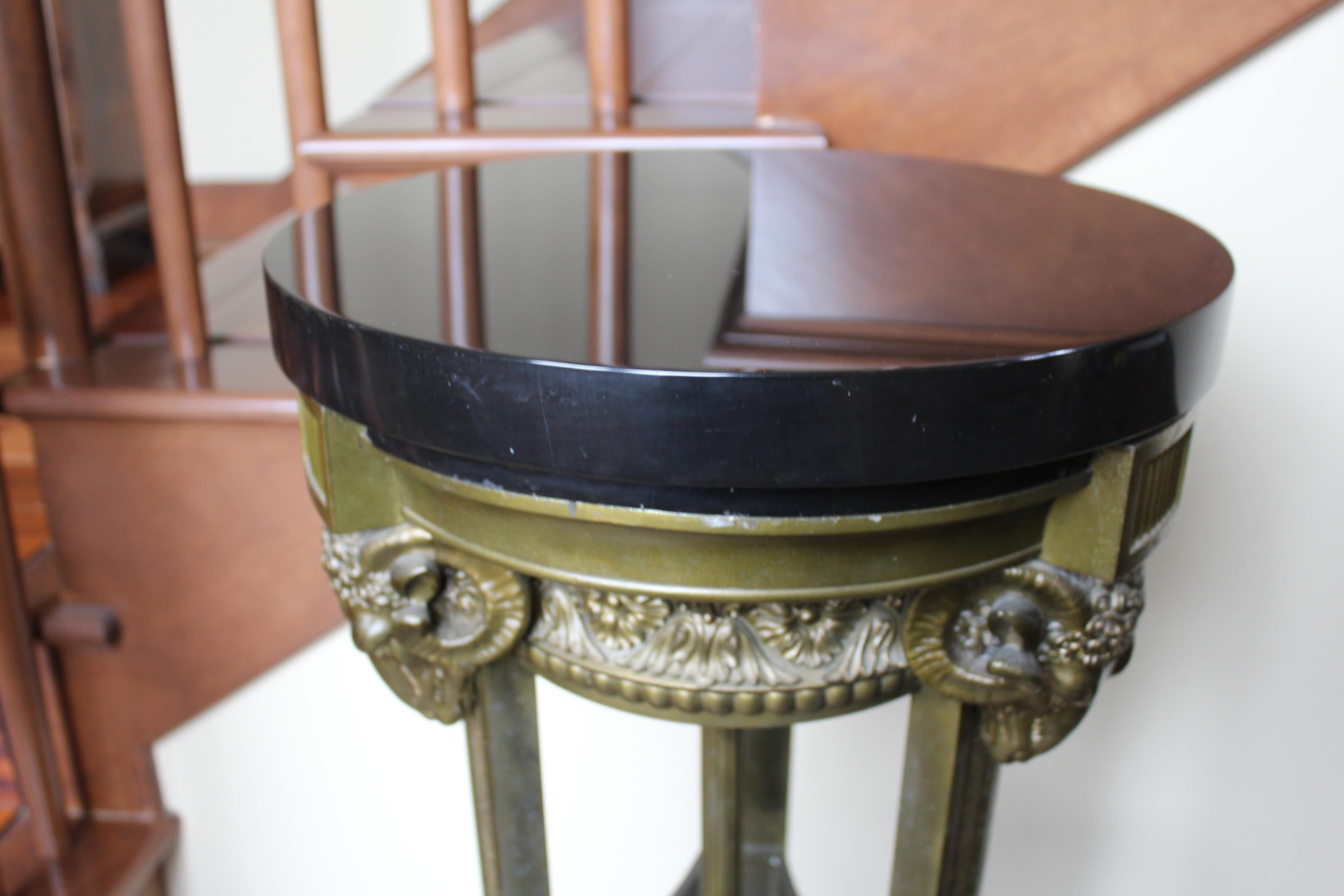 European Antique Bronze Pedestal , Rams Heads , Black Marble top For Sale