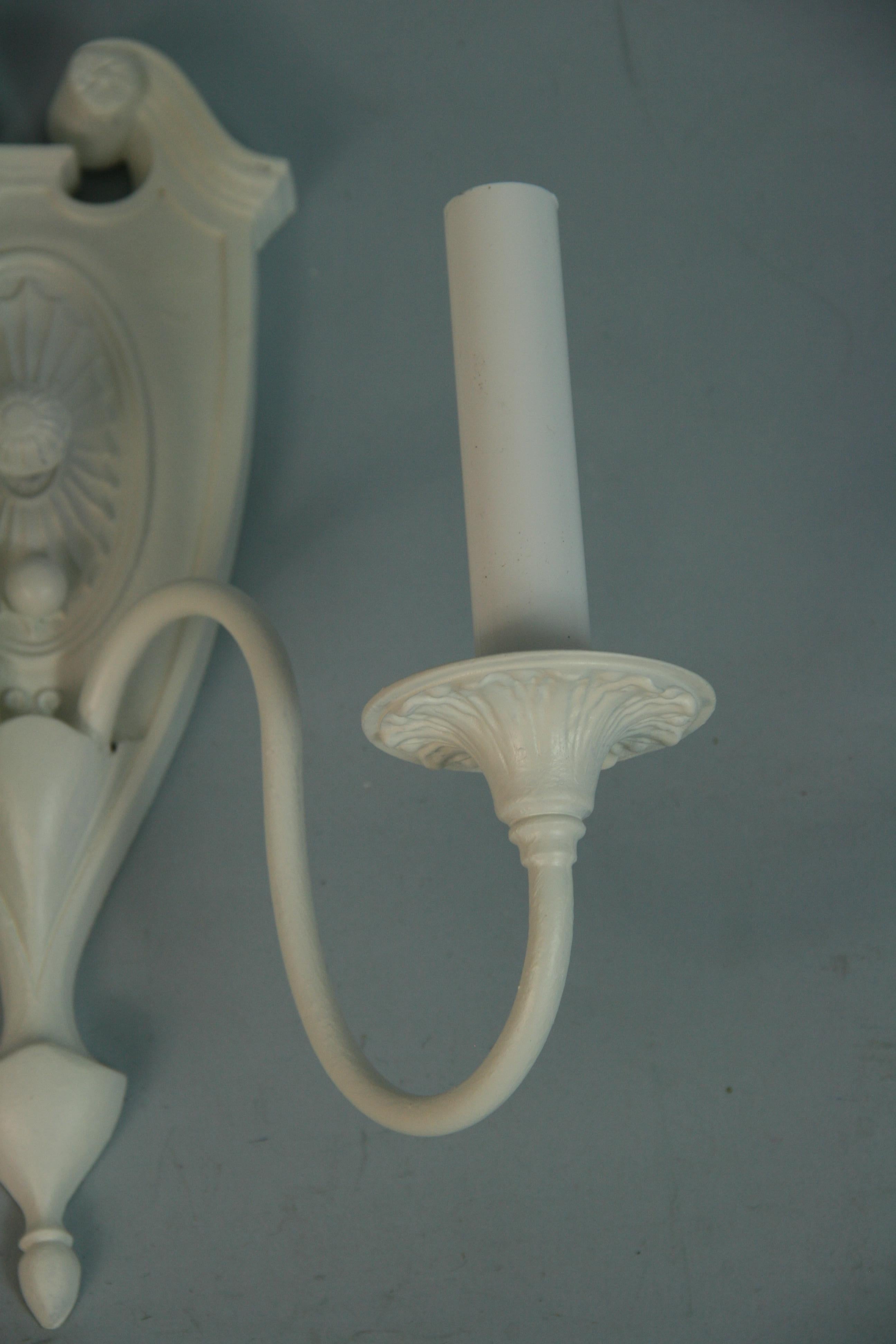 Antique Bronze Pediment Top Wall Sconces in a White Lacquer Finish a Pair 1930's For Sale 1