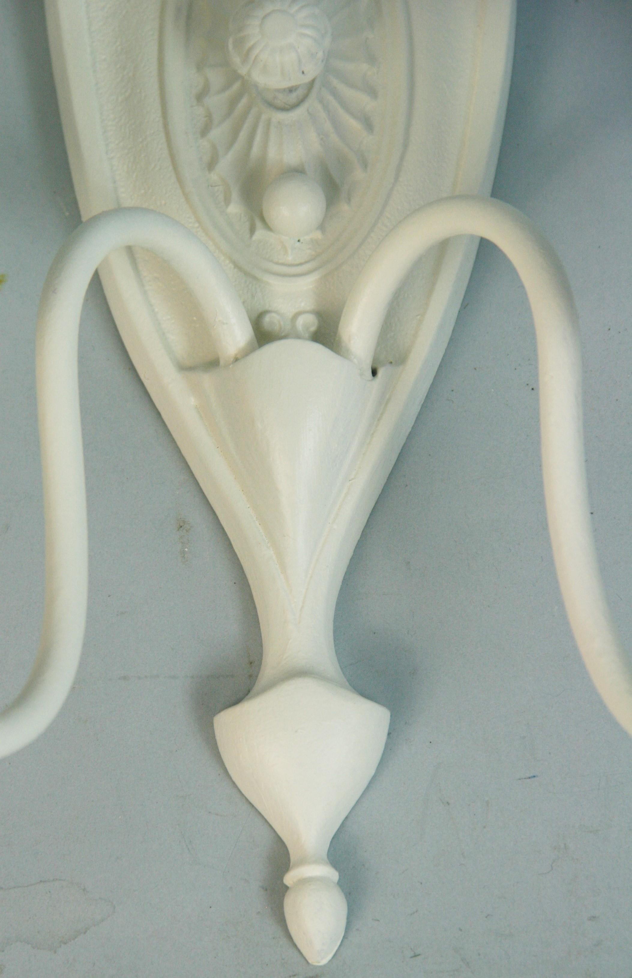 Antique Bronze Pediment Top Wall Sconces in a White Lacquer Finish a Pair 1930's For Sale 2