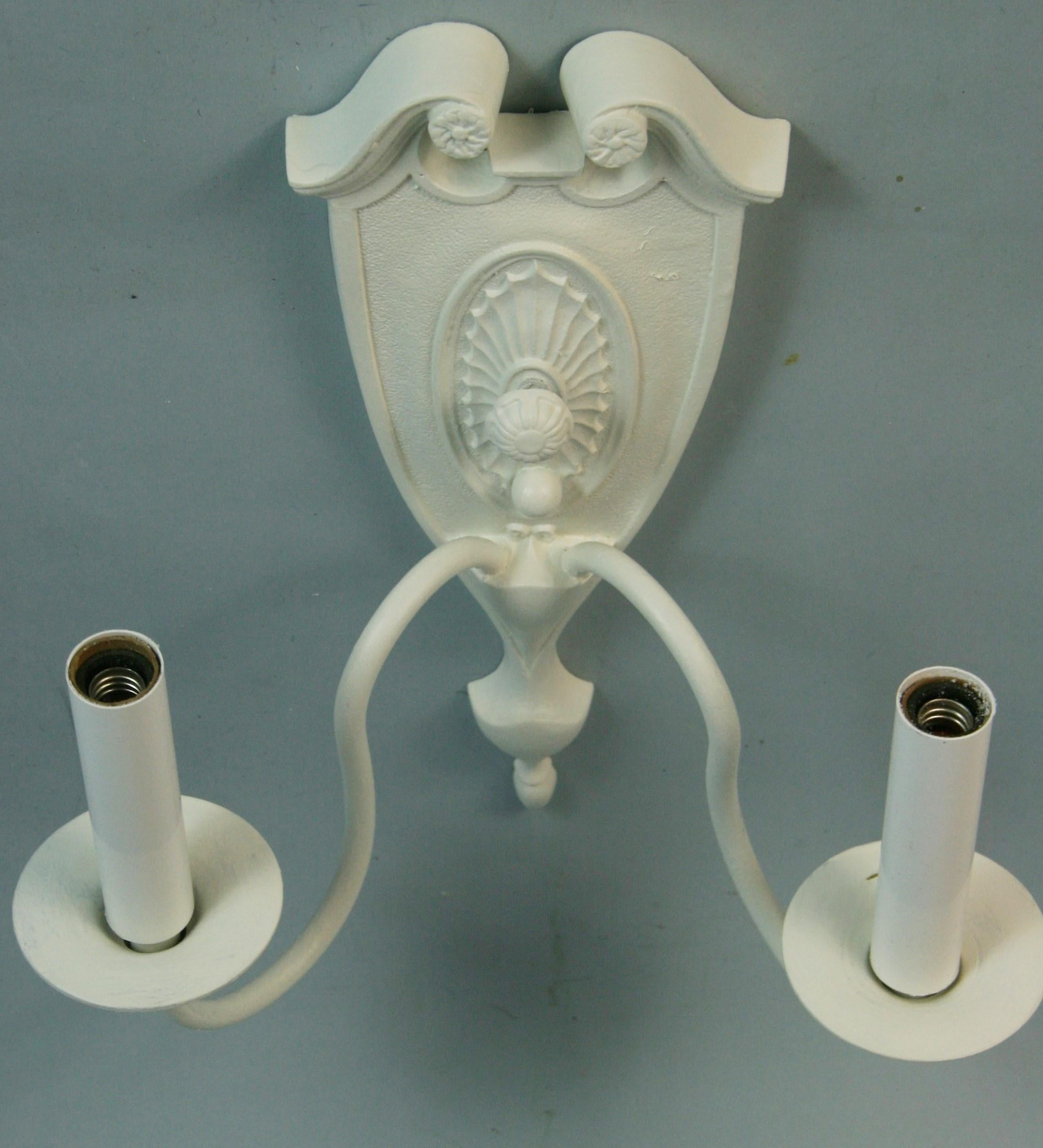 Antique Bronze Pediment Top Wall Sconces in a White Lacquer Finish a Pair 1930's For Sale 4