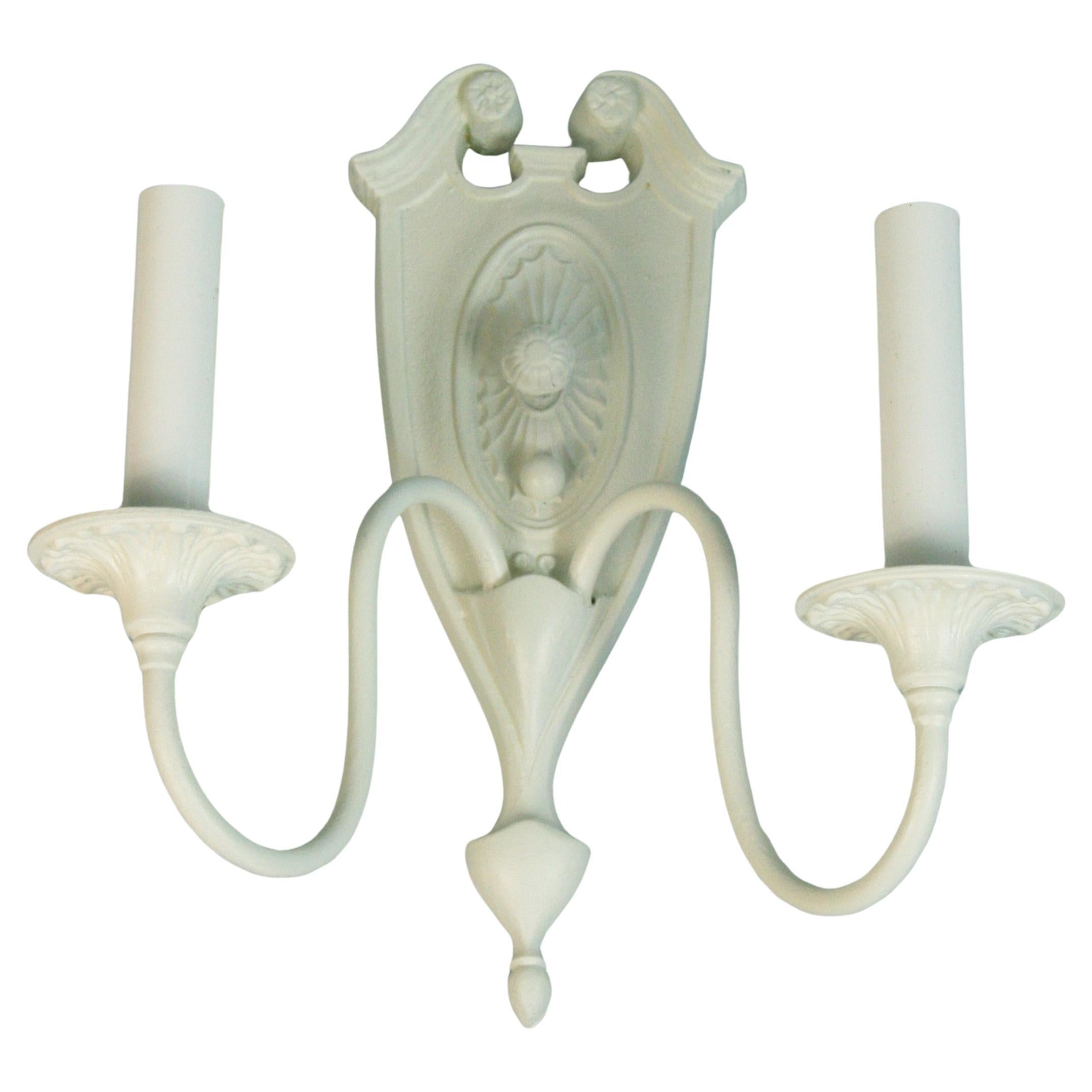 Antique Bronze Pediment Top Wall Sconces in a White Lacquer Finish a Pair 1930's For Sale