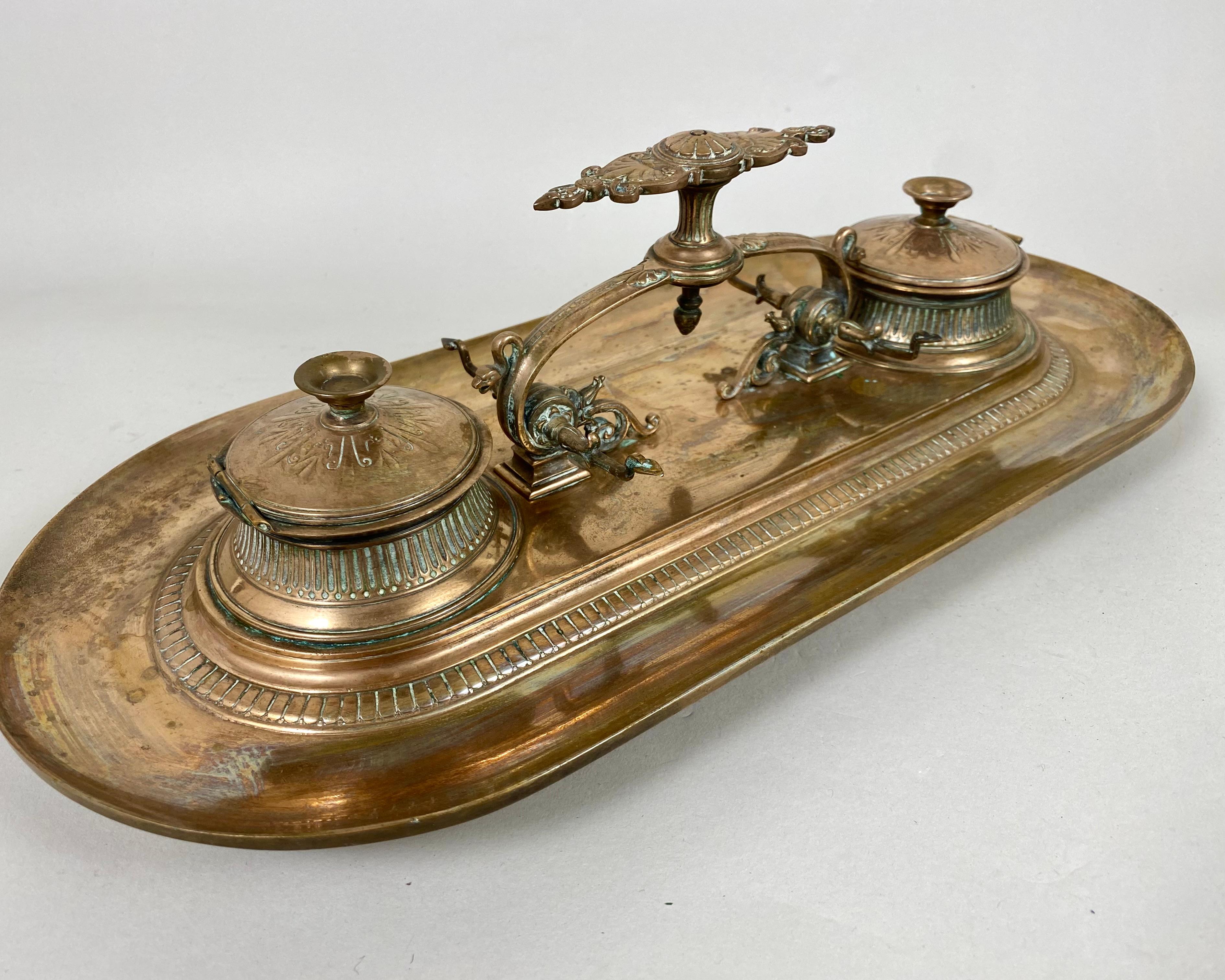 Gothic Antique Bronze Pen Tray & Double Inkwell Desk Set 19 Century, France