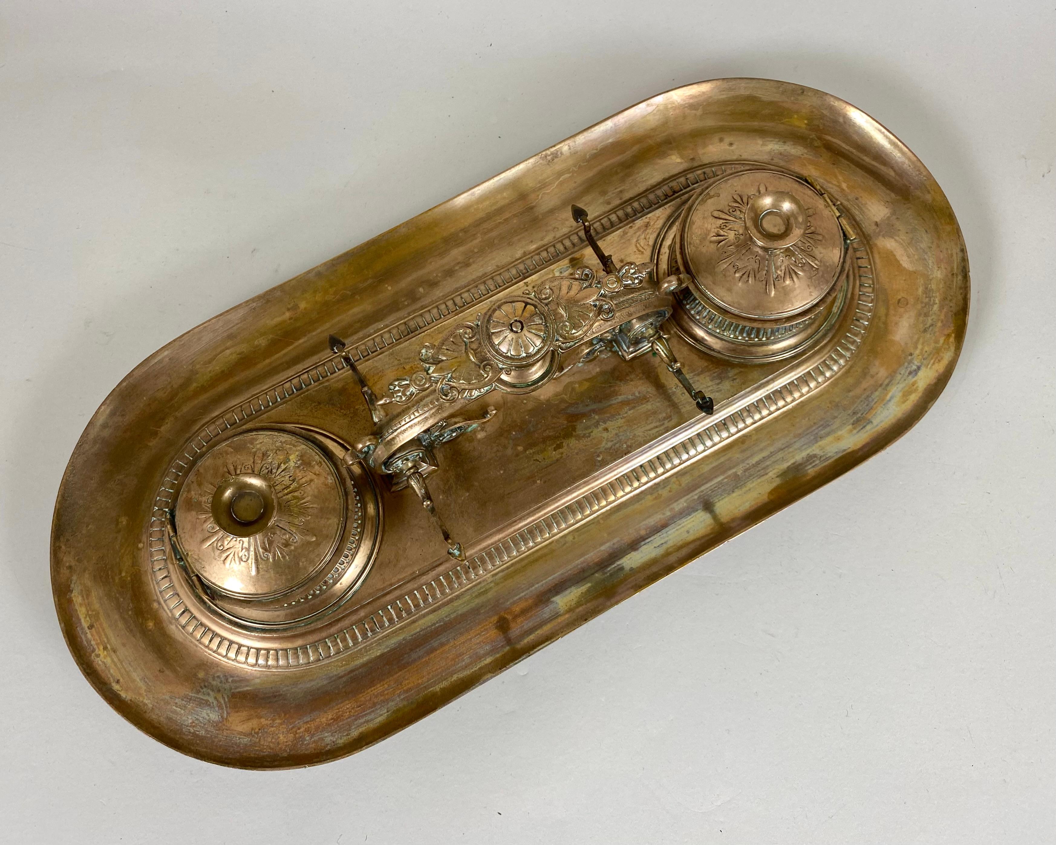 French Antique Bronze Pen Tray & Double Inkwell Desk Set 19 Century, France