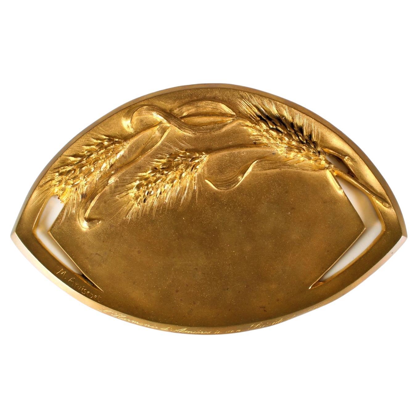 Assiette en bronze antique, plateau à ustensiles, bronze doré, signée M. I&M.