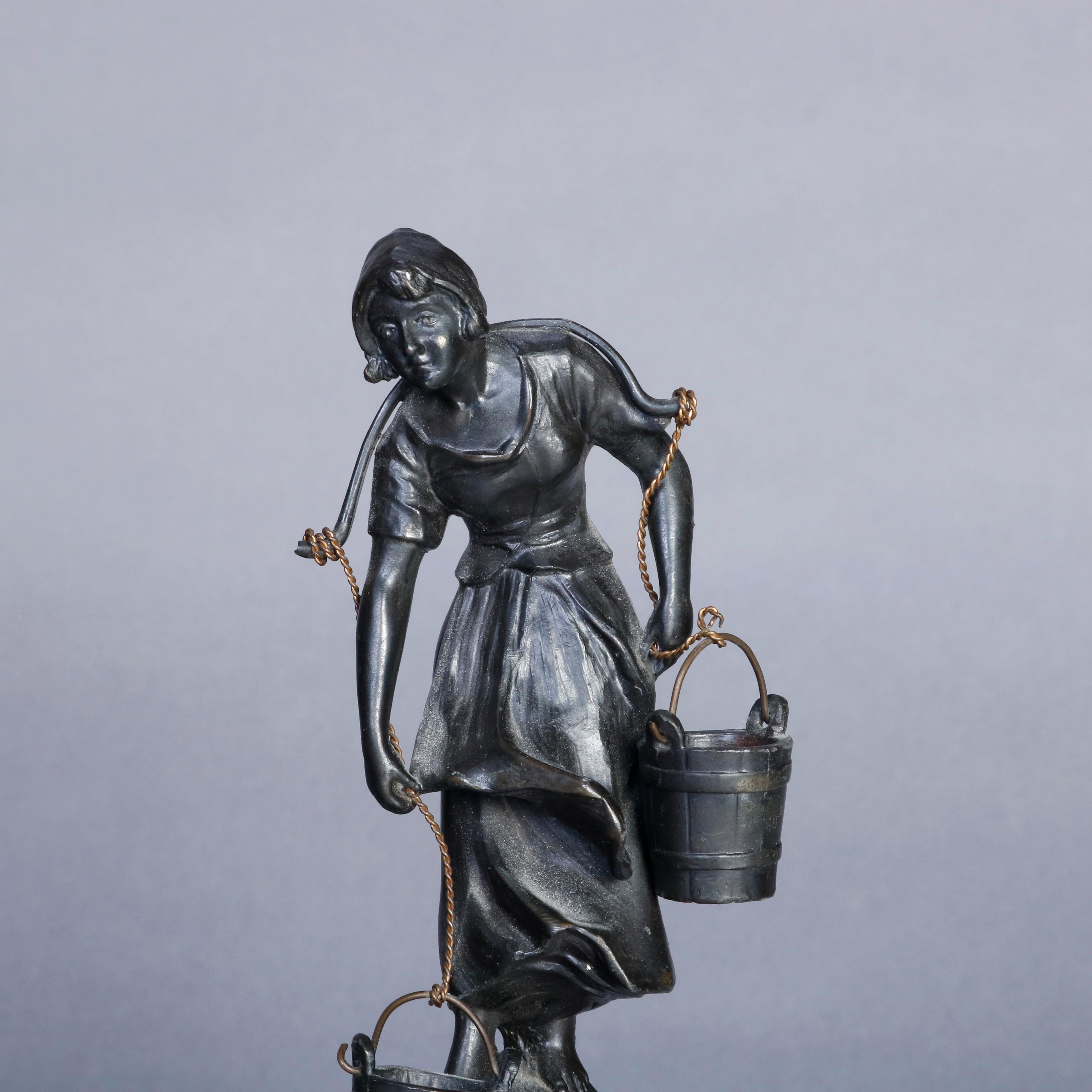 20th Century Antique Bronze Portrait Sculpture of Dutch Young Woman with Water Buckets