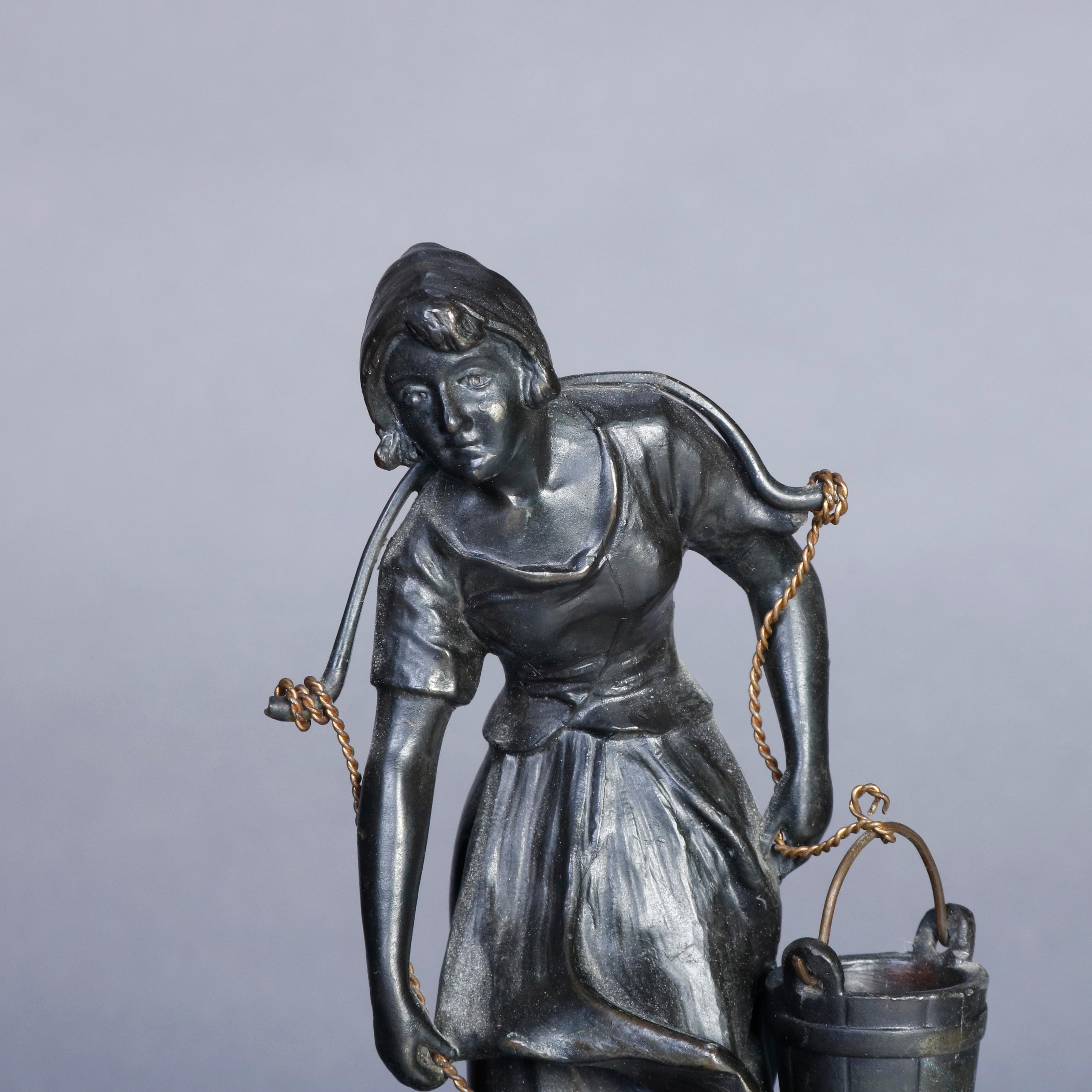 Antique Bronze Portrait Sculpture of Dutch Young Woman with Water Buckets 3