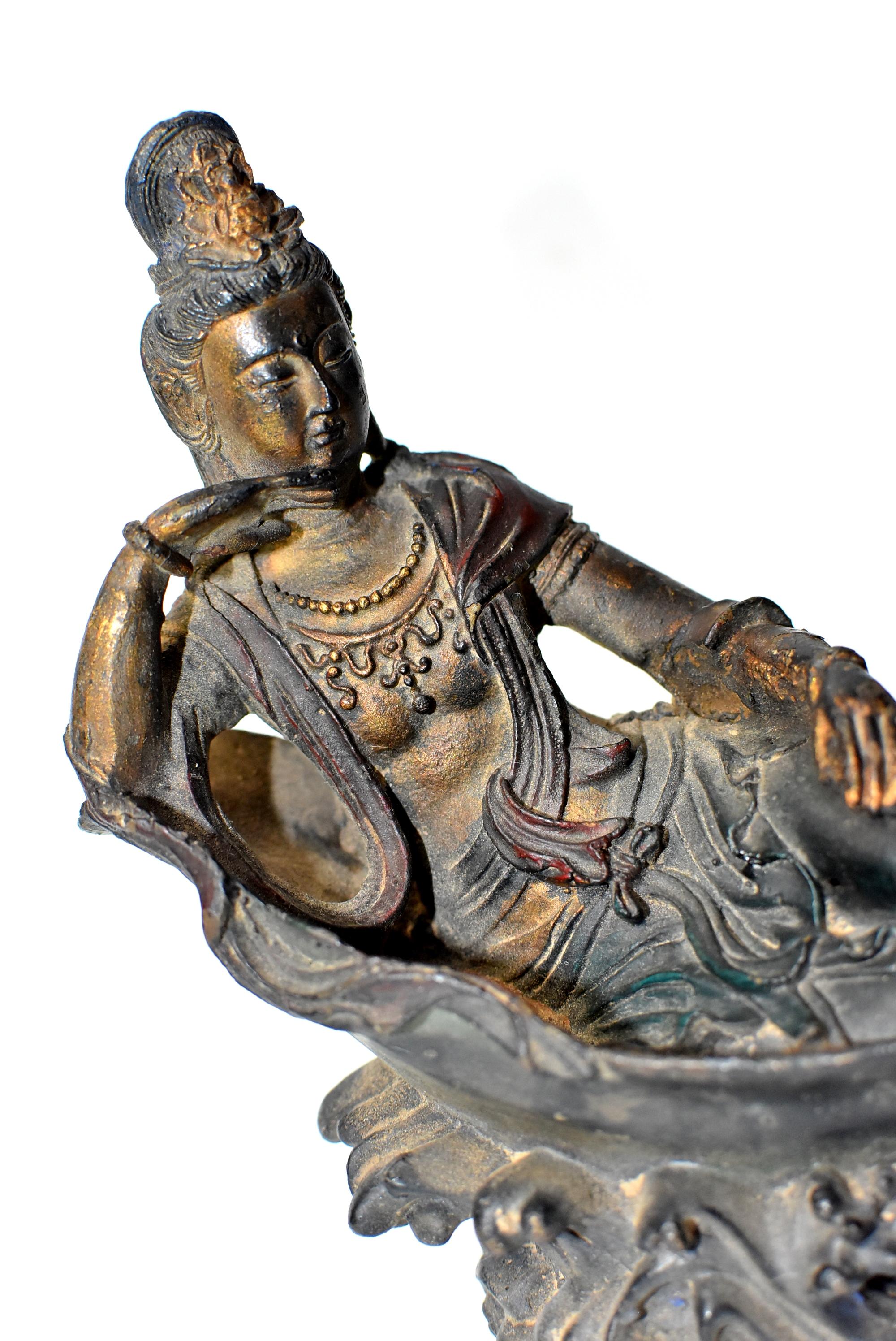 Antique Bronze Reclining Kwan Yin Statue 14