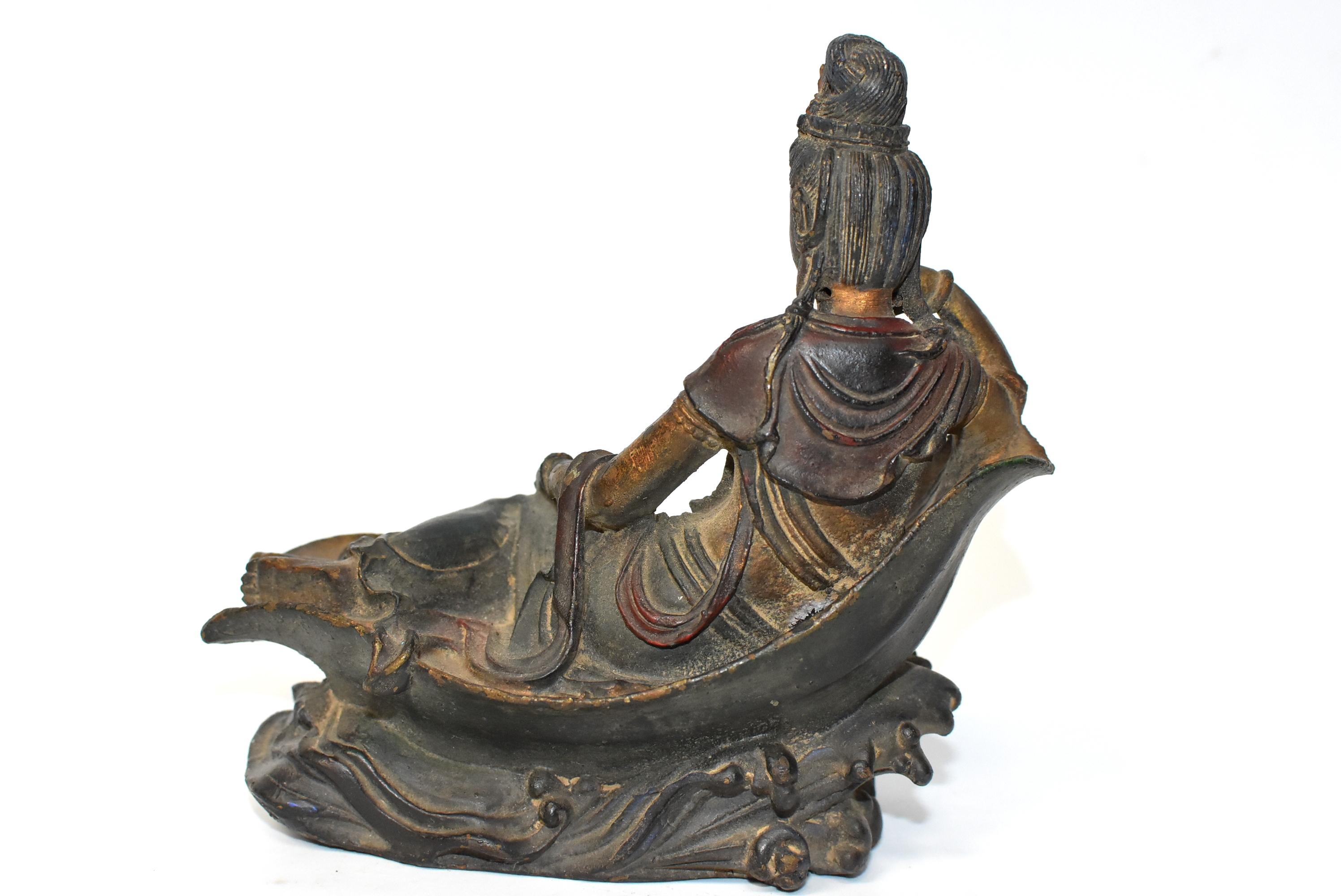 Antique Bronze Reclining Kwan Yin Statue In Good Condition In Somis, CA