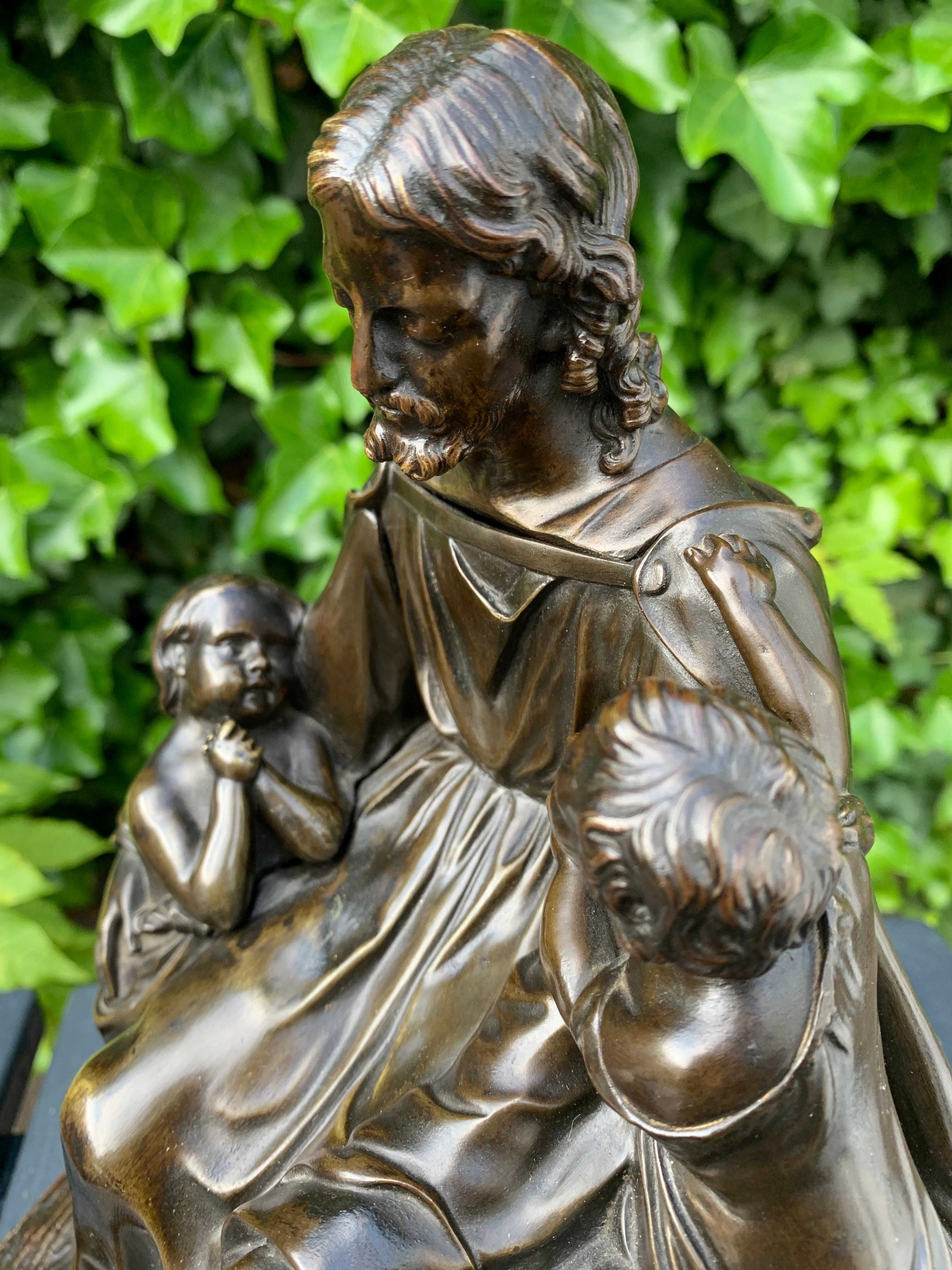 19th Century Antique Bronze Religious Art Sculpture / Statue Depicting Christ with Children For Sale