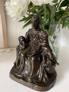 Scultura d'arte religiosa in bronzo antico / Statua raffigurante Cristo con bambini