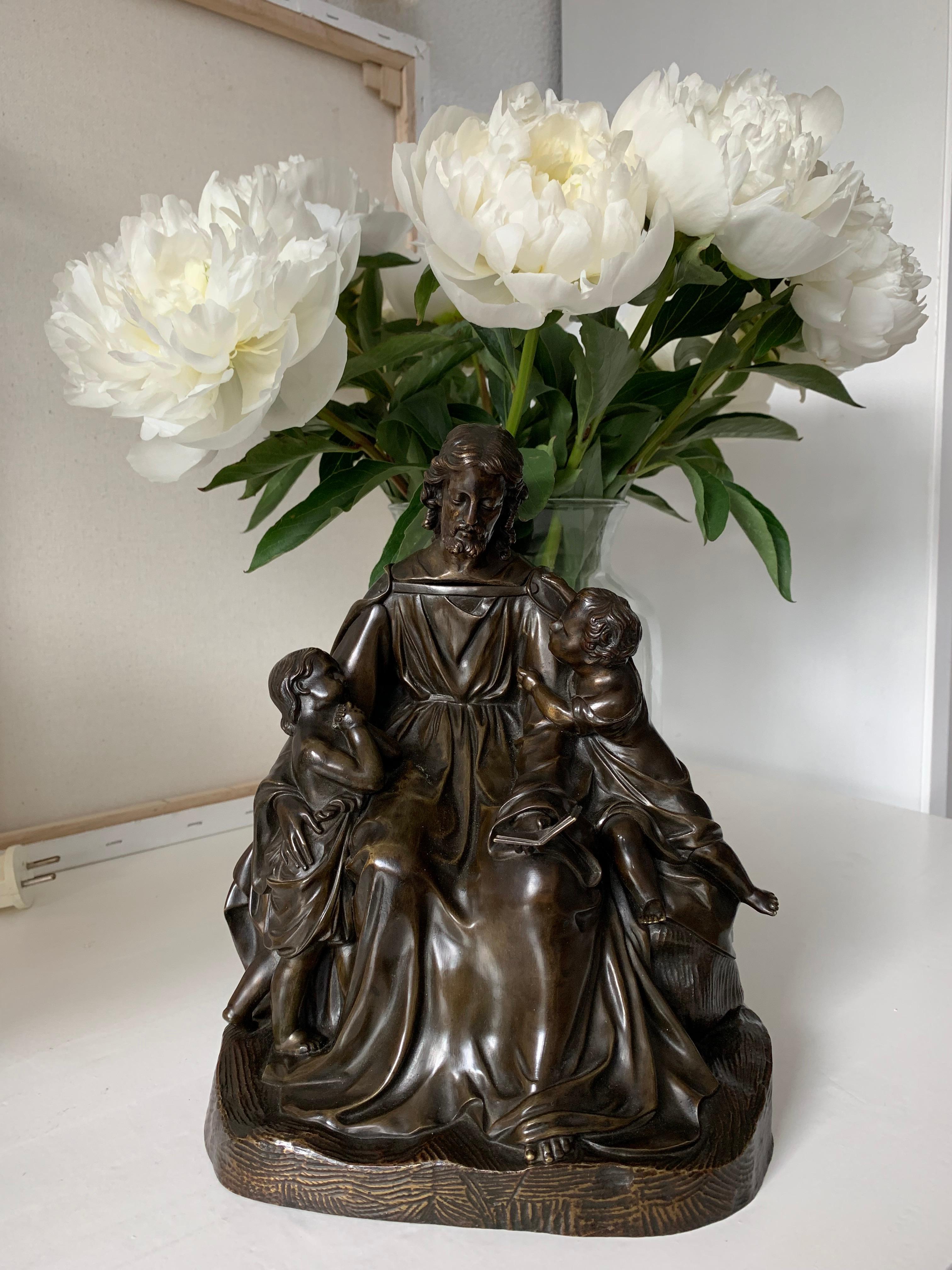 French Antique Bronze Religious Art Sculpture / Statue Depicting Christ with Children For Sale