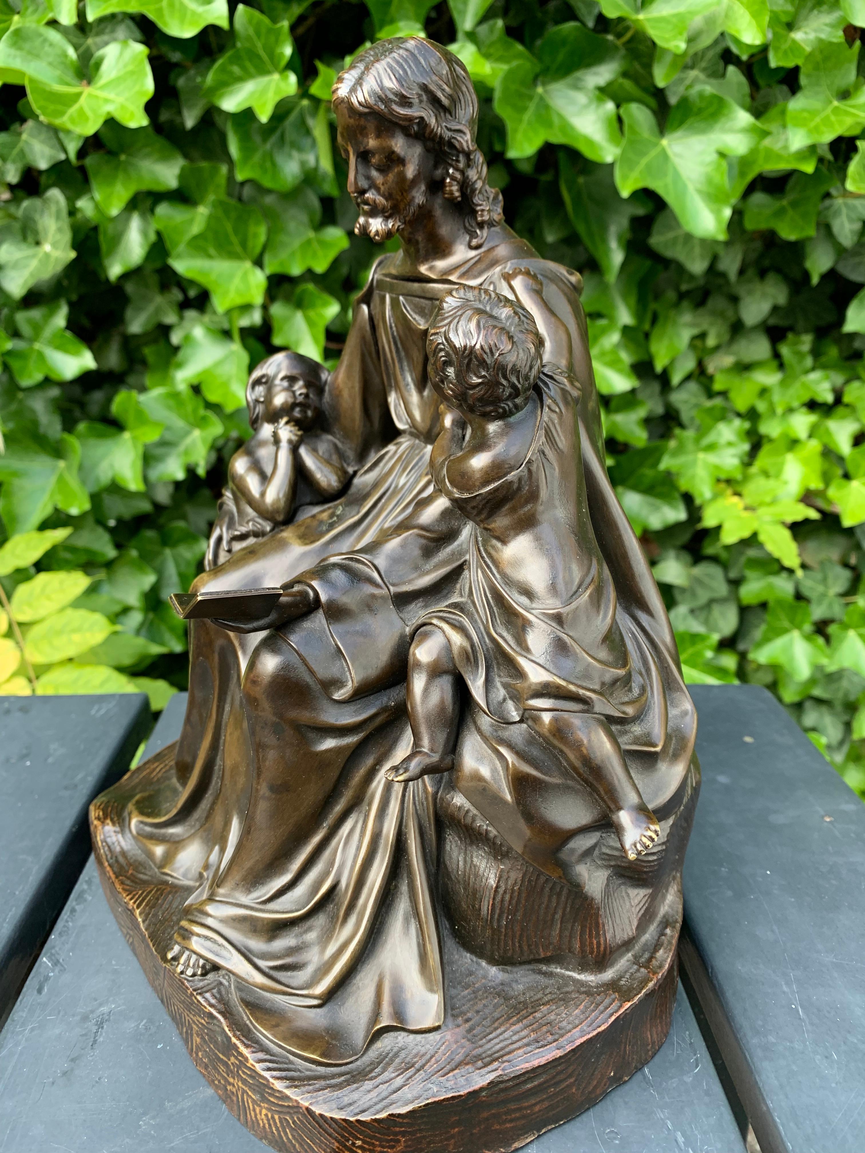Hand-Crafted Antique Bronze Religious Art Sculpture / Statue Depicting Christ with Children For Sale