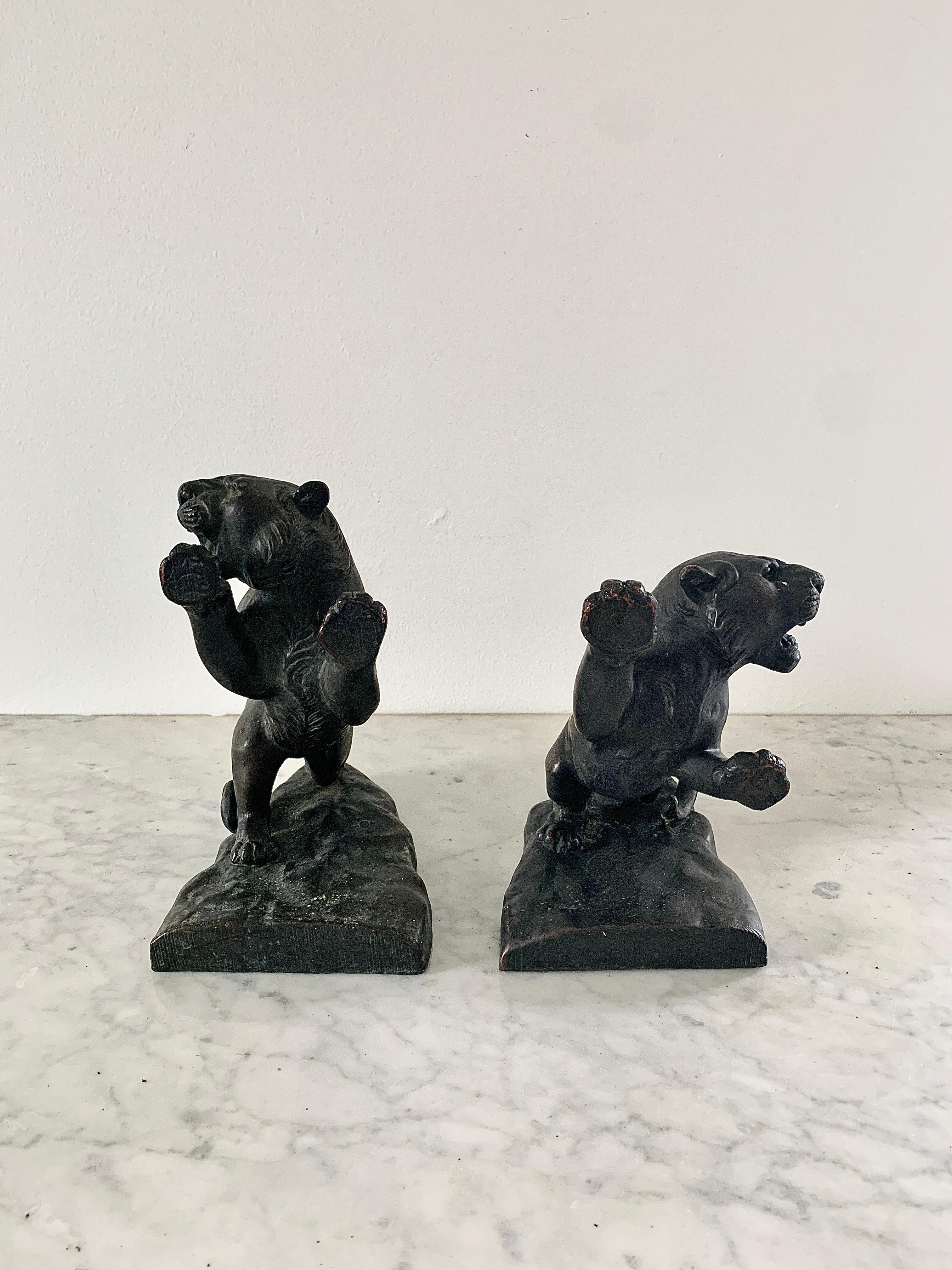 American Antique Bronze Roaring Tiger Bookends, Pair For Sale