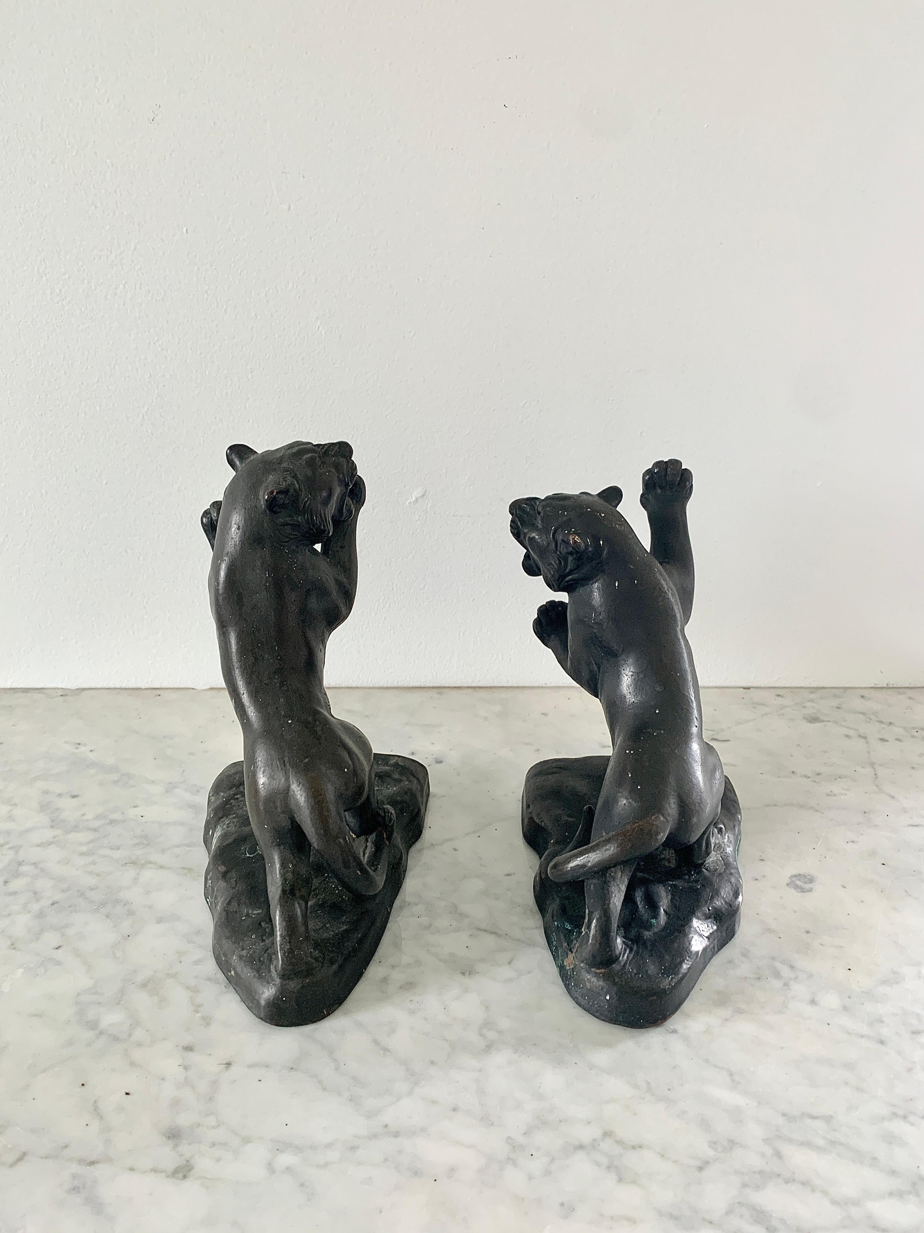 19th Century Antique Bronze Roaring Tiger Bookends, Pair For Sale
