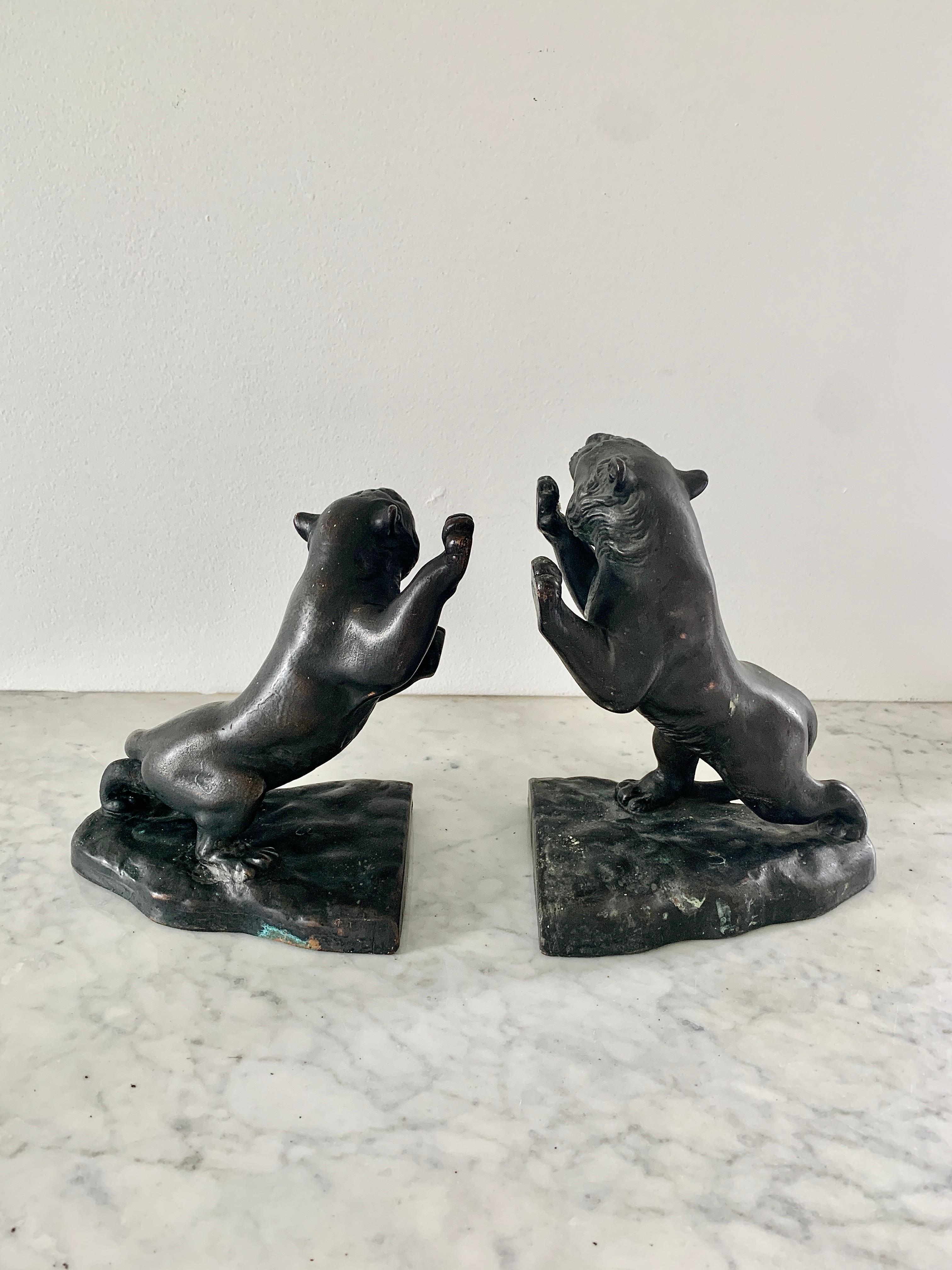 Antique Bronze Roaring Tiger Bookends, Pair For Sale 1
