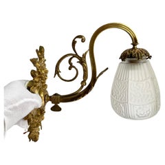 Antique Bronze Sconce With White Glass Lampshade, France 1930s