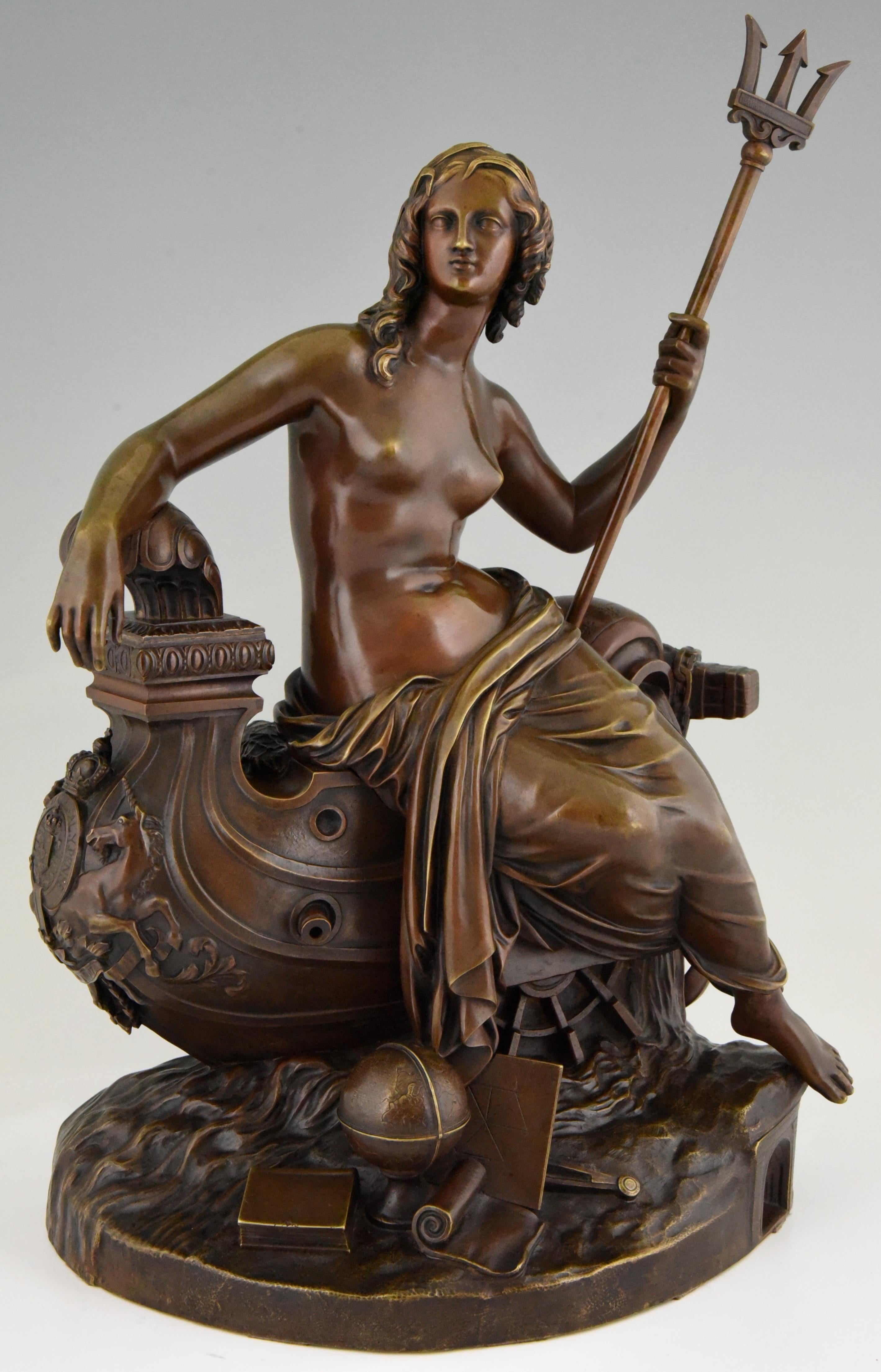 Antique bronze sculpture Britannia as river goddess to commemorate the knighthood of Sir Marc Brunel in 1841.
Marc Brunel was a French-émigré engineer and inventor who solved the historic problem of underwater tunneling.
This sculpture is