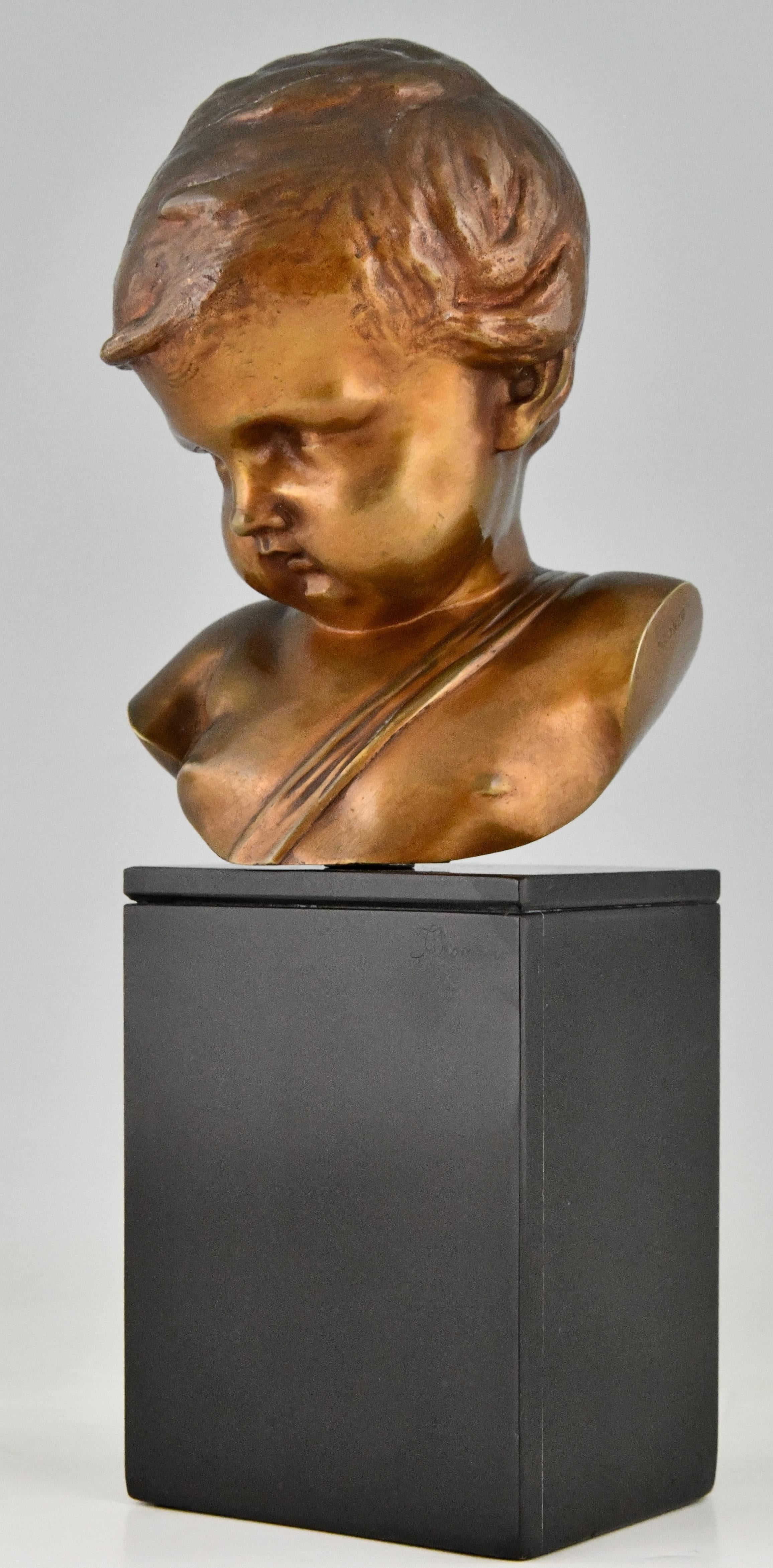 Antique Bronze Sculpture Bust of a Boy, Cupid Signed Louis, France 1900 1