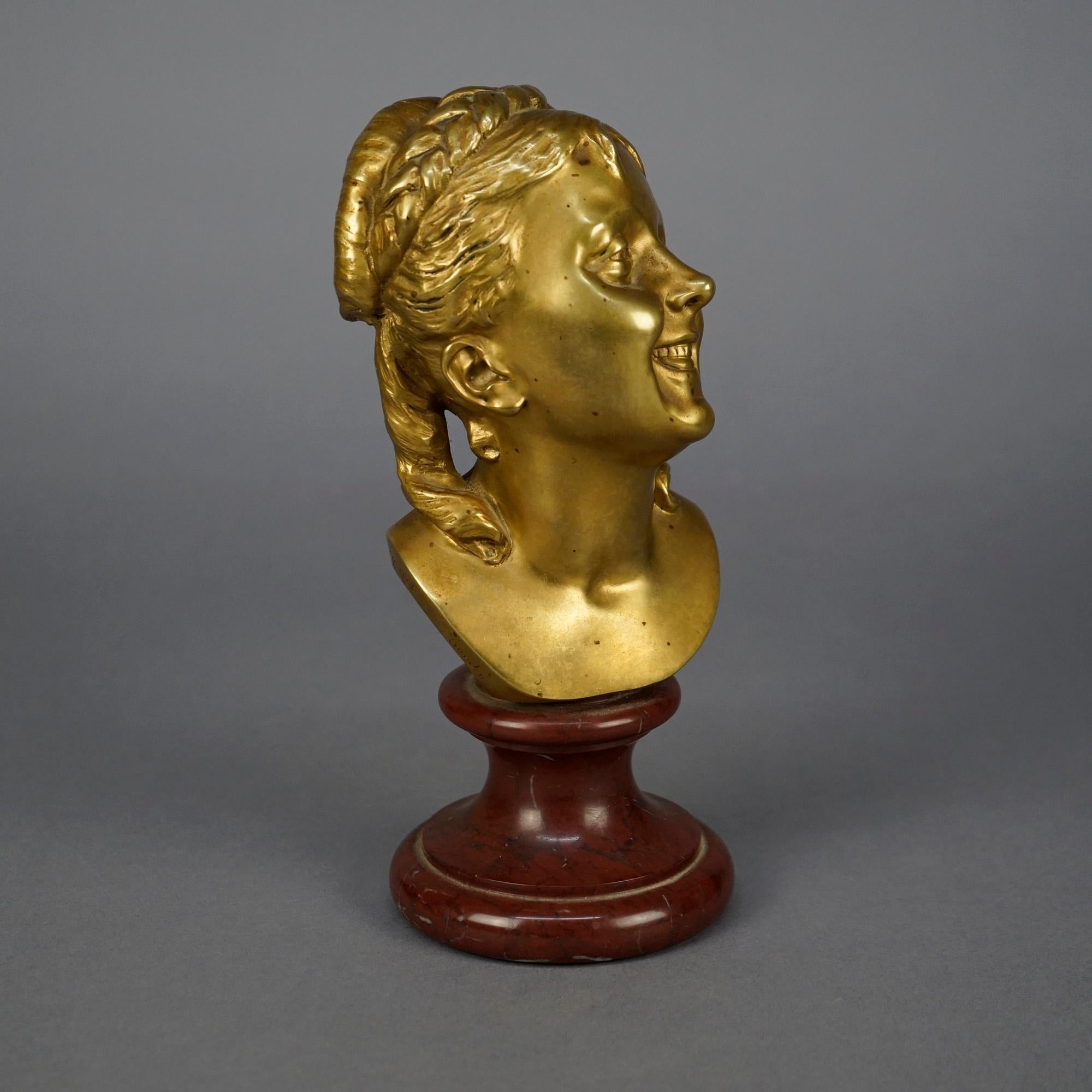 Cast Antique Bronze Sculpture Bust of a Young Woman, Artist Signed, 19th C