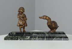 Antique Bronze Sculpture By Henri Payen (1894-1933) France, Girl and Goose