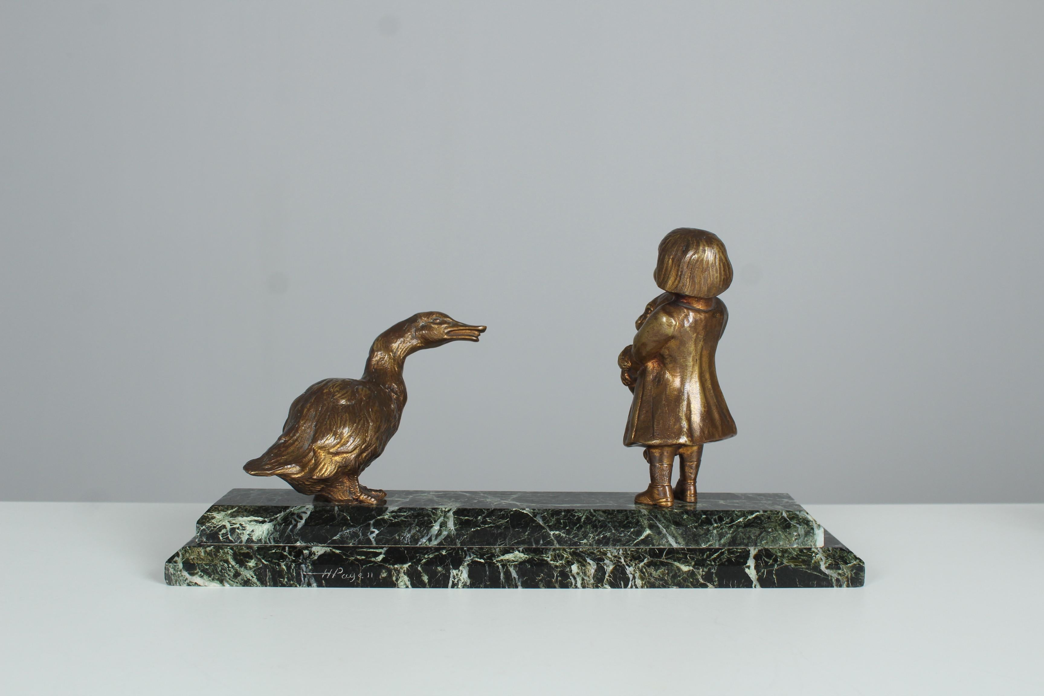 20th Century Antique Bronze Sculpture By Henri Payen (1894-1933) France, Girl and Goose For Sale