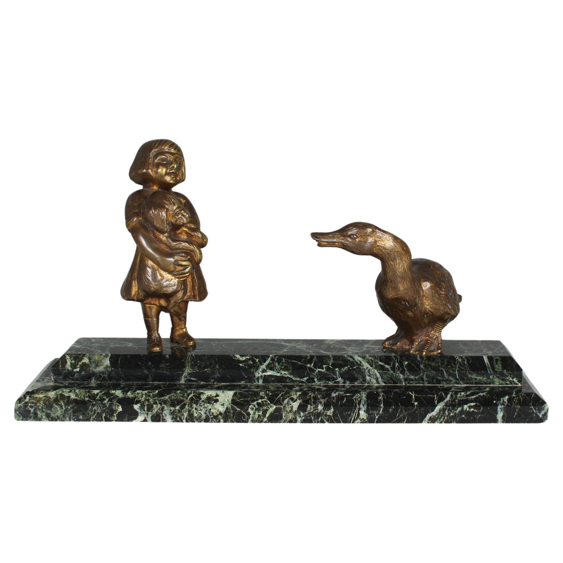 Antique Bronze Sculpture By Henri Payen (1894-1933) France, Girl and Goose