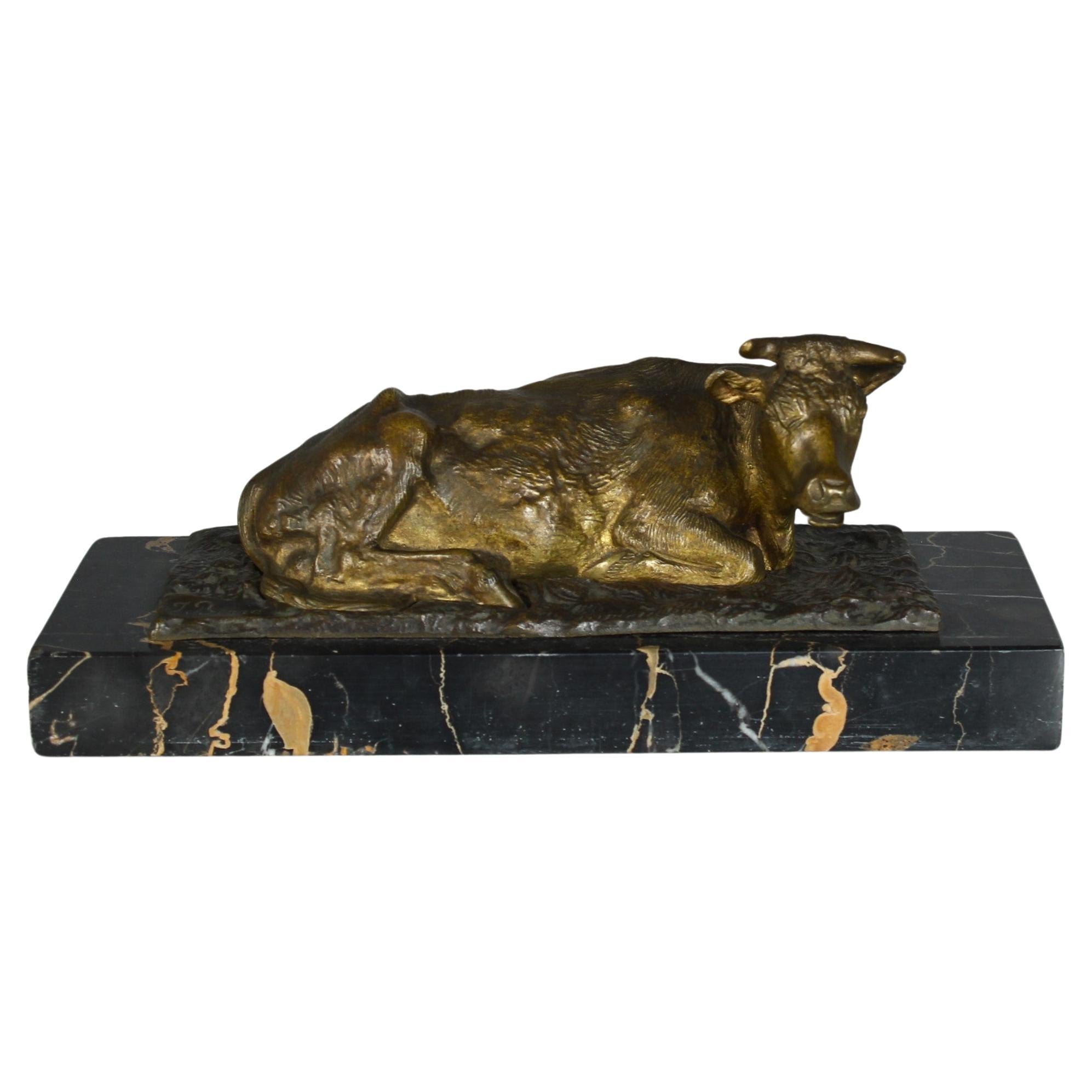 Antique Bronze Sculpture By J.Berré, Resting Cow, France, 19th Century