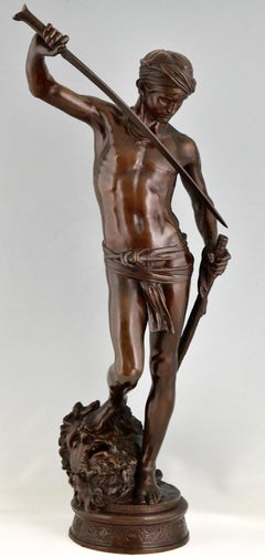 Sculpture ancienne en bronze David par Antonin Mercié, Fonderie Barbedienne 1880