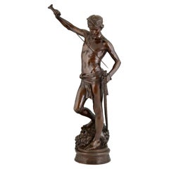 Antique Bronze Sculpture David by Antonin Mercié, Barbedienne Foundry 1880