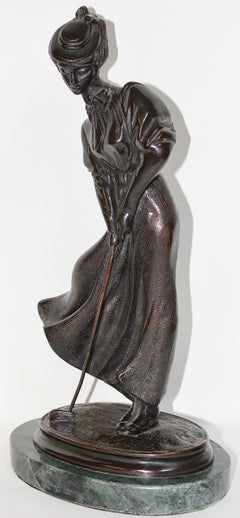 Antique Bronze Sculpture, Elegant Lady Playing Golf