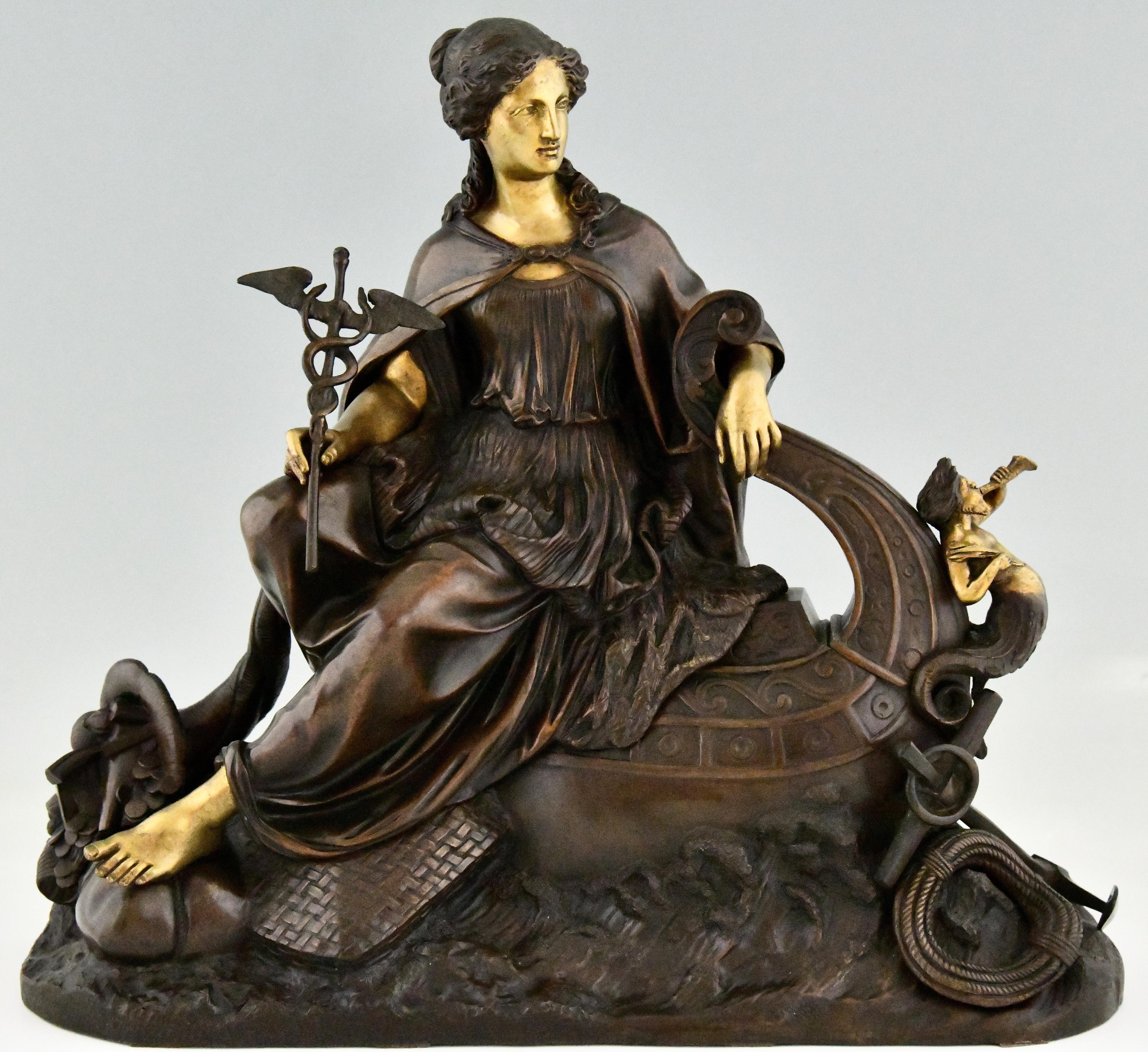 Antique bronze sculpture Fortune, Allegory of sea trade.
The goddess of Fortune sits on a fishing net on the bow of a classical ship with a Triton figurehead blowing a trumpet.In her right hand she holds the Caduceus or staff of Mercury or Hermes,