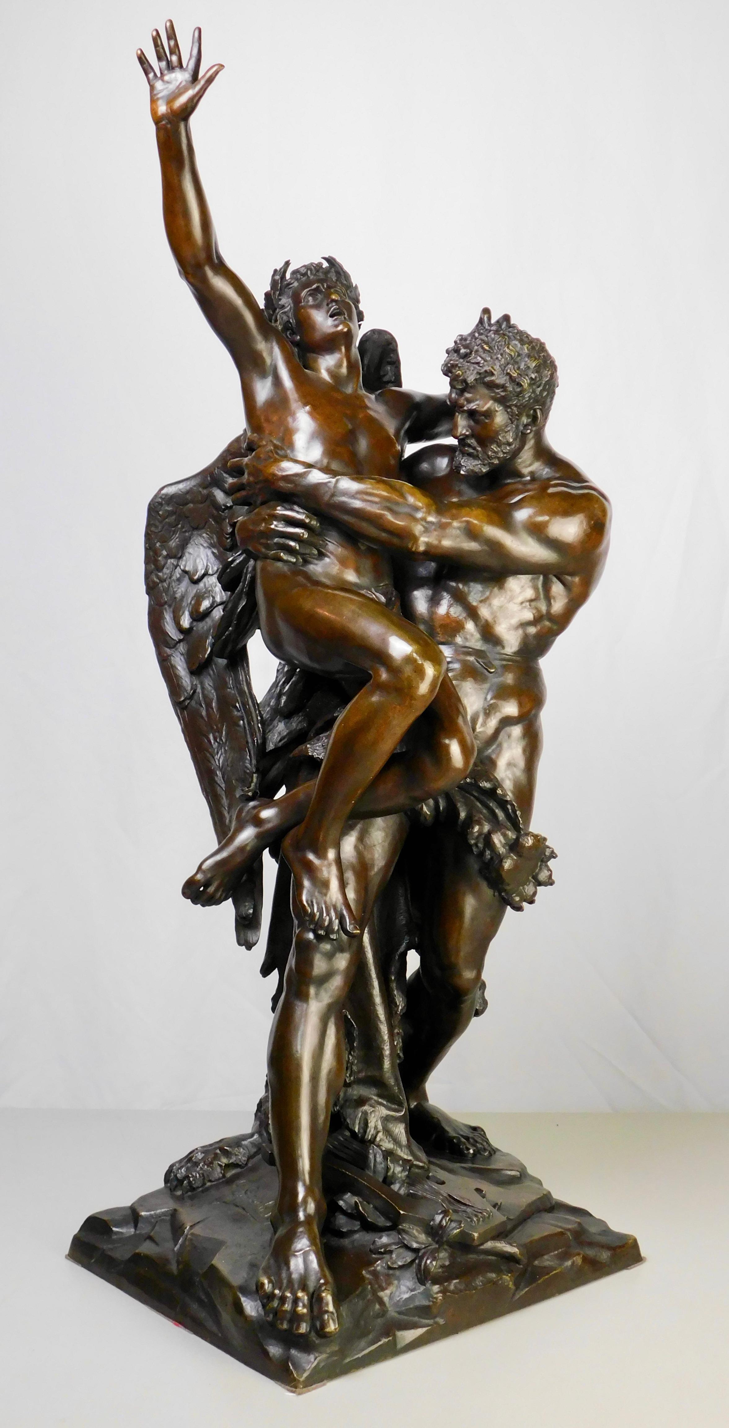 Antique bronze sculpture Genius and brute force by Cyprien Godebski, 1835-1909. 
Impressive sculpture. 
France 1888. 
Weight 50 KG. 
This sculpture is illustrated in Les bronzes de XIXe siècle, Pierre Kjellberg, Les editions des