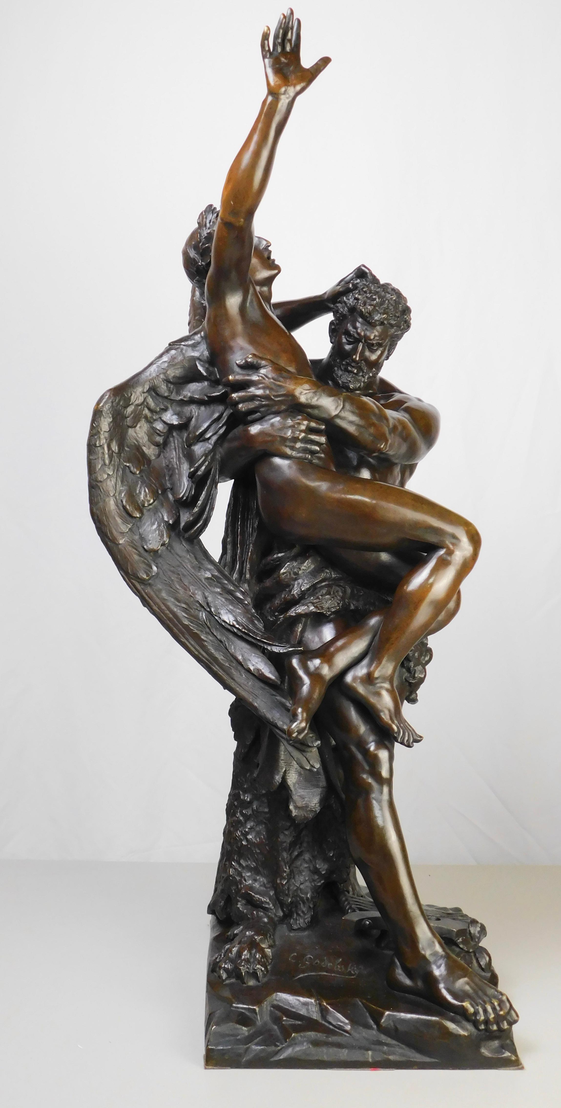 Romantic Antique Bronze Sculpture Genius and Brute Force by Cyprien Godebski For Sale