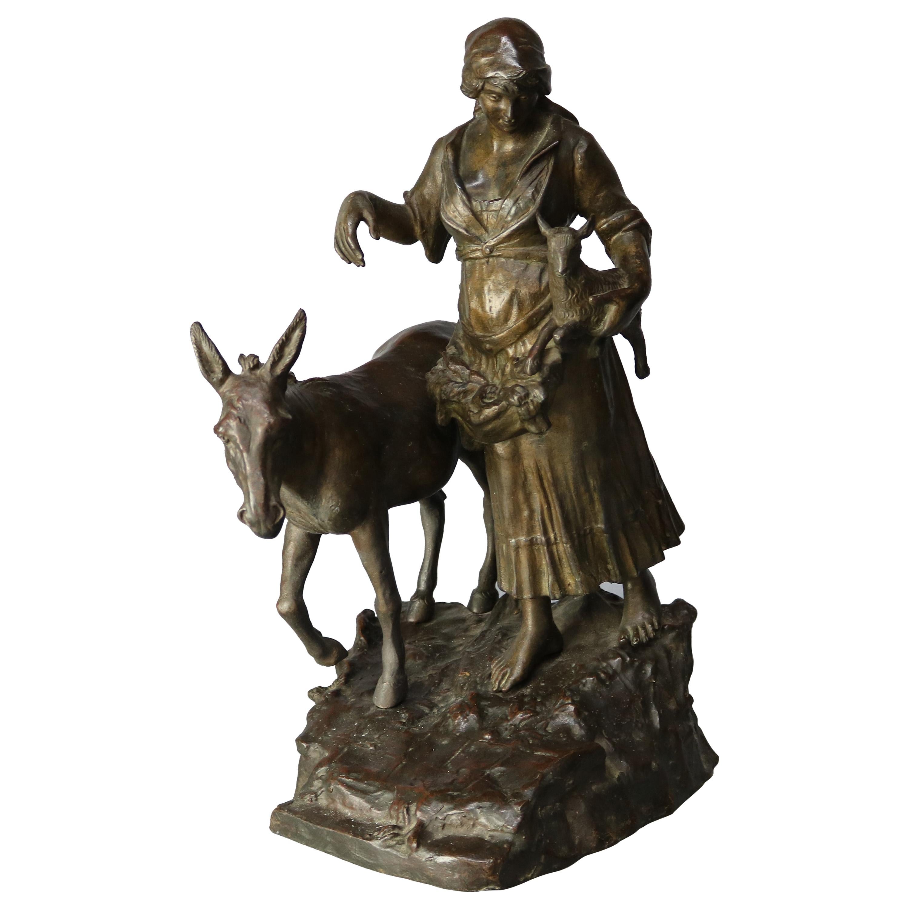 Antique Bronze Sculpture Grouping of Girl with Lamb and Donkey, 19th Century