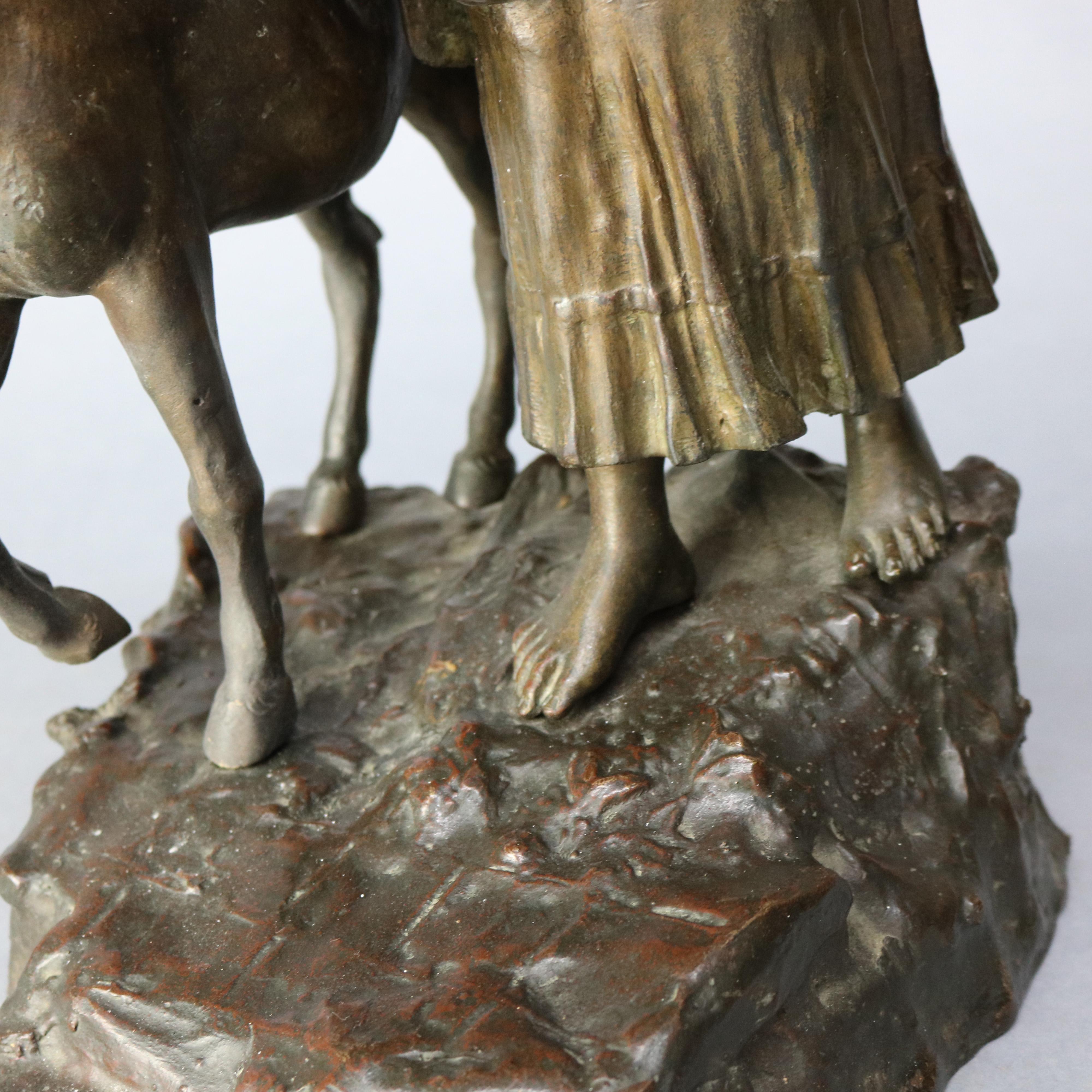 Antique Bronze Sculpture Grouping of Girl with Lamb and Donkey, 19th Century 5