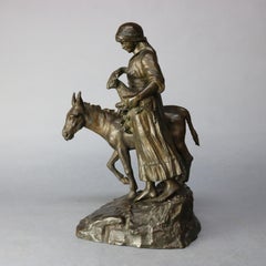 Antique Bronze Sculpture Grouping of Girl with Lamb and Donkey, 19th Century